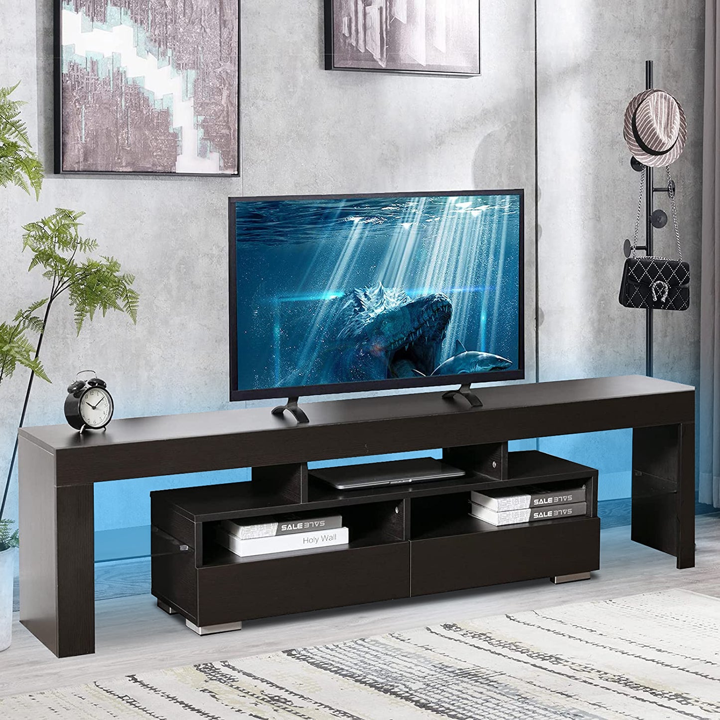 SYNGAR Modern TV Stand for TV up to 70 inches, TV Table Stand with 16-Color LED Lights, TV Console Table with Storage, Black, 63"L×14" W×18"H