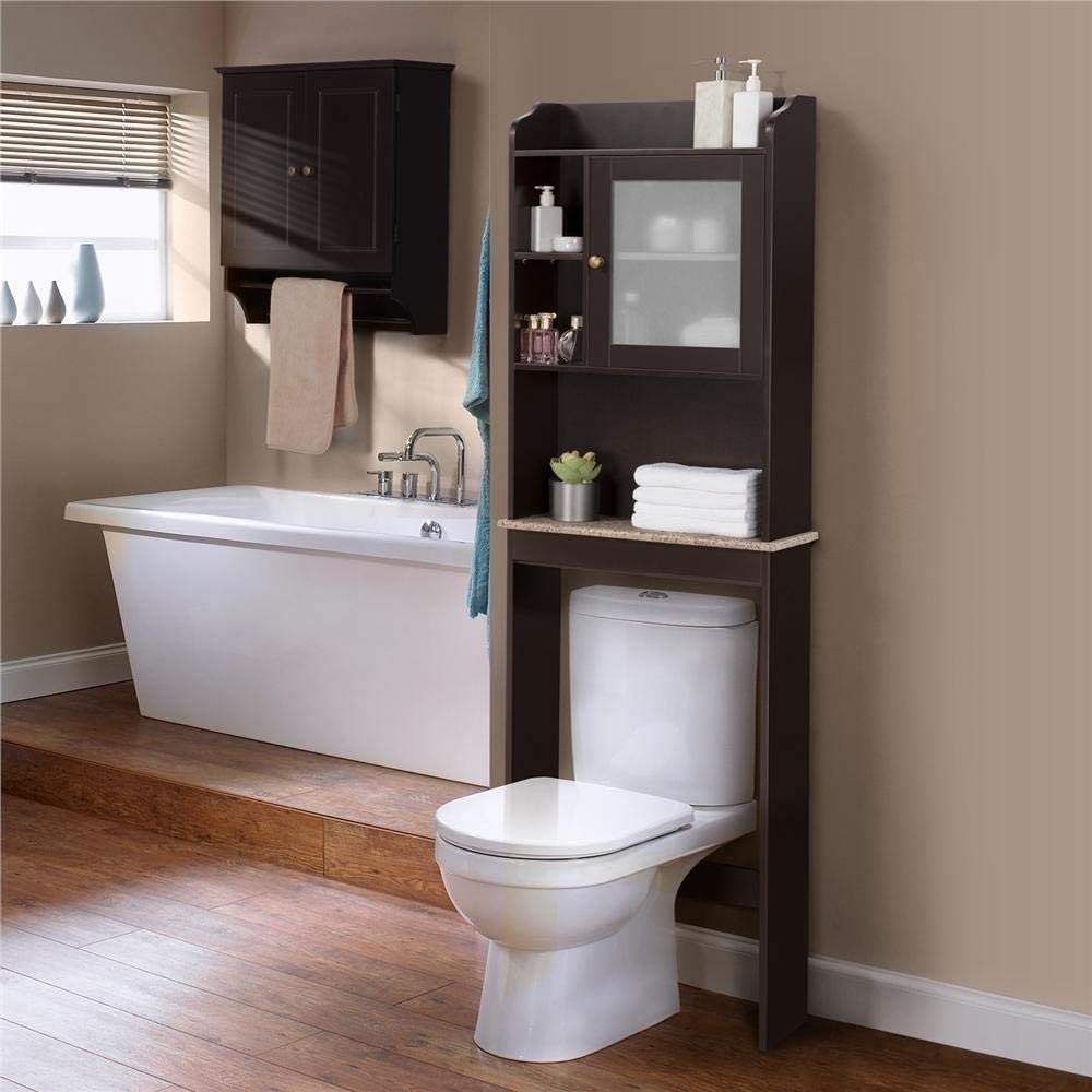 SYNGAR Bathroom Above Toilet Cabinet, Espresso MDF Storage Cabinet, Bathroom Storage Space Saver with Adjustable Shelf & Glass Door Cabinet, Over The Toilet Storage for Bathroom, K1054