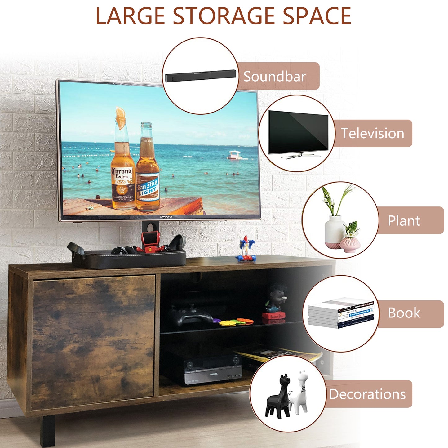 SYNGAR Rustic Brown Farmhouse TV Stand with Mount for 32-65 inch TVs, 2 in 1 TV Mount Stand Table Storage Cabinet Entertainment Center, Swivel Floor TV Stand Mount for Living Room Bedroom Office