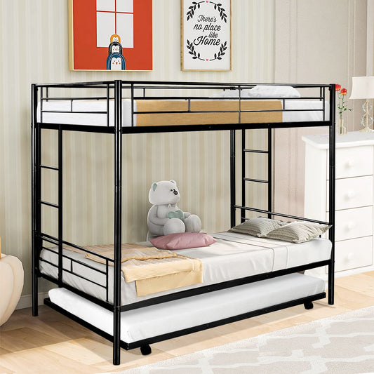 Heavy Duty Bunk Bed Frame, Kids Twin Over Twin Metal Bunk Bed with Flat Ladder & Safety Guardrail, Convertible Trundle Bunk Bed Frame, for Dorm, Bedroom, Guest Room, No Box Spring Needed, C04