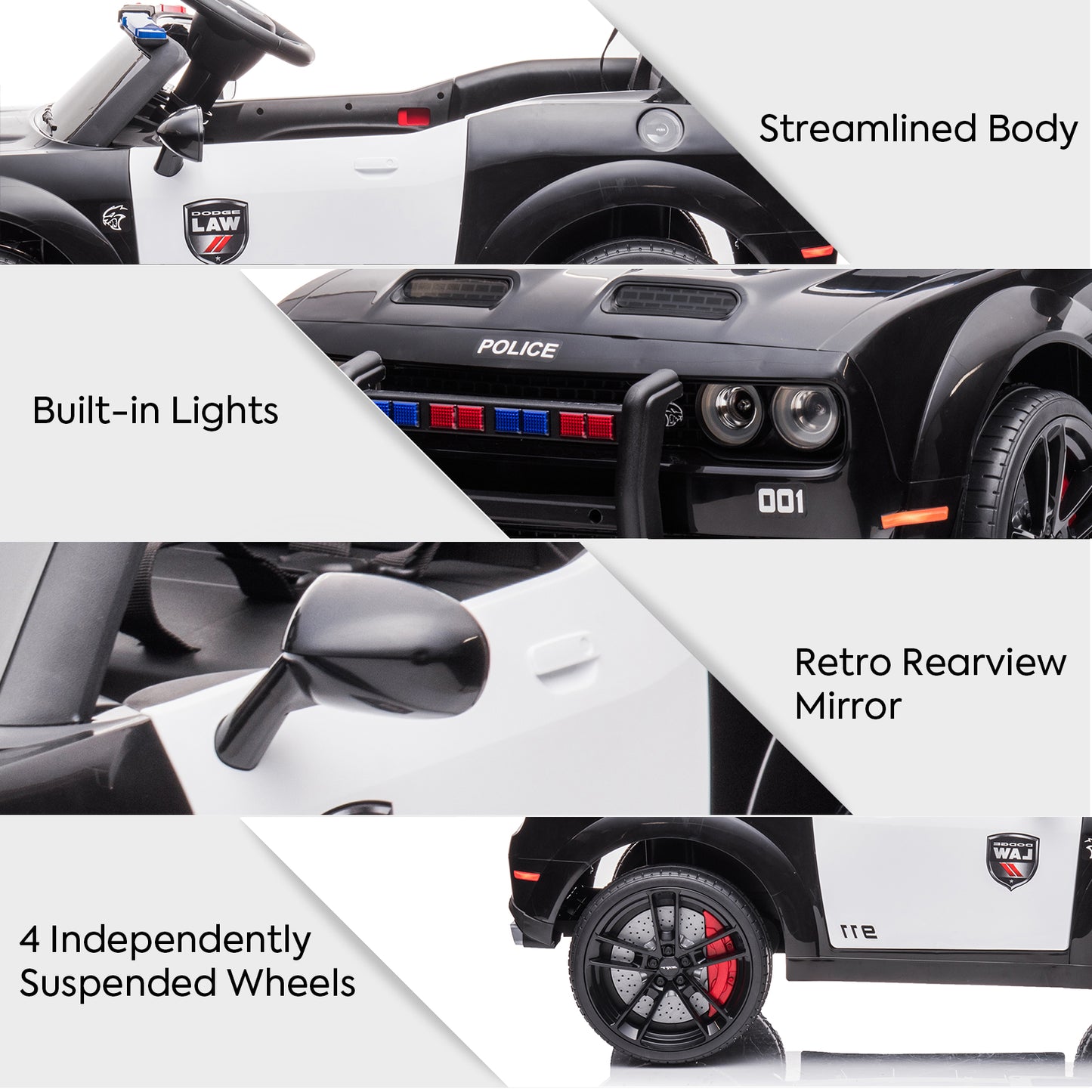 SYNGAR 12V Powered Ride on Police Car, Licensed Dodge Challenger Kids Ride On Toys with Patental Remote Control, LED Lights and Horn, Battery Operated Electric Vehicles Black, LJ1556