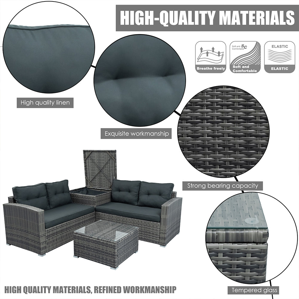 SYNGAR 4 Piece Wicker Patio Furniture Sets, Outdoor Sofa Set with Loveseat Sofa, Table and Storage Box, All Weather Rattan Sofa and Cushioned Seats for Garden, Lawn, Backyard, Front Porch, Gray