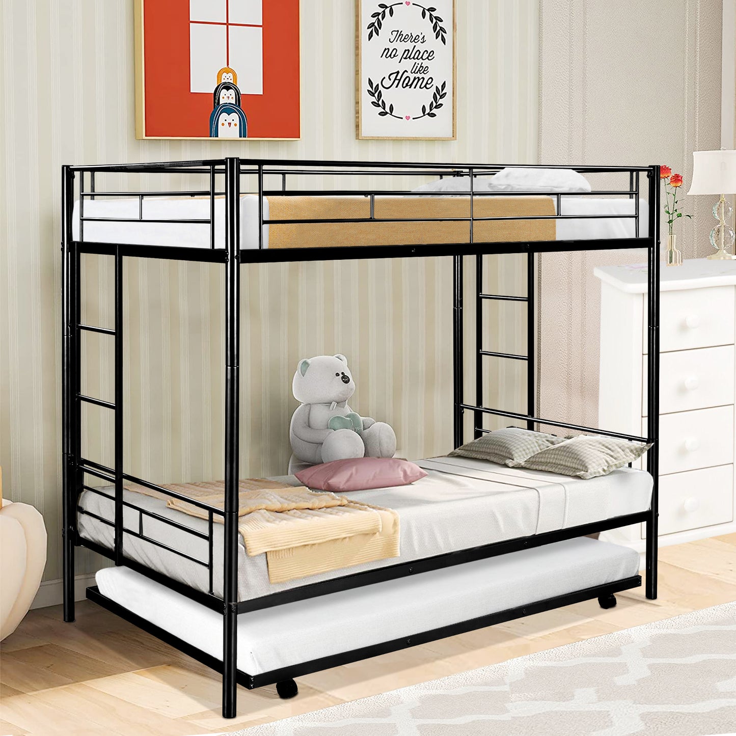 Twin over Twin Bunk Bed Frame with Trundle, SYNGAR Upgraded Bunk Beds with Ladder & Guardrail, Heavy Duty Kids Bedroom Furniture Bunk Bed for Boys and Girls, Space Saver Guest Room Bunk, Silver, C24