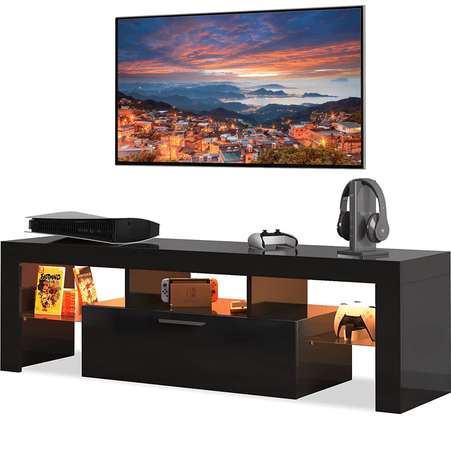 White TV Stand for 70 inch TV, Modern High Glossy Television Table Stands TV Cabinet Console Table with 16 Colors LED Lights, TV Buffet Cabinet with Storage, Living Room Entertainment Center