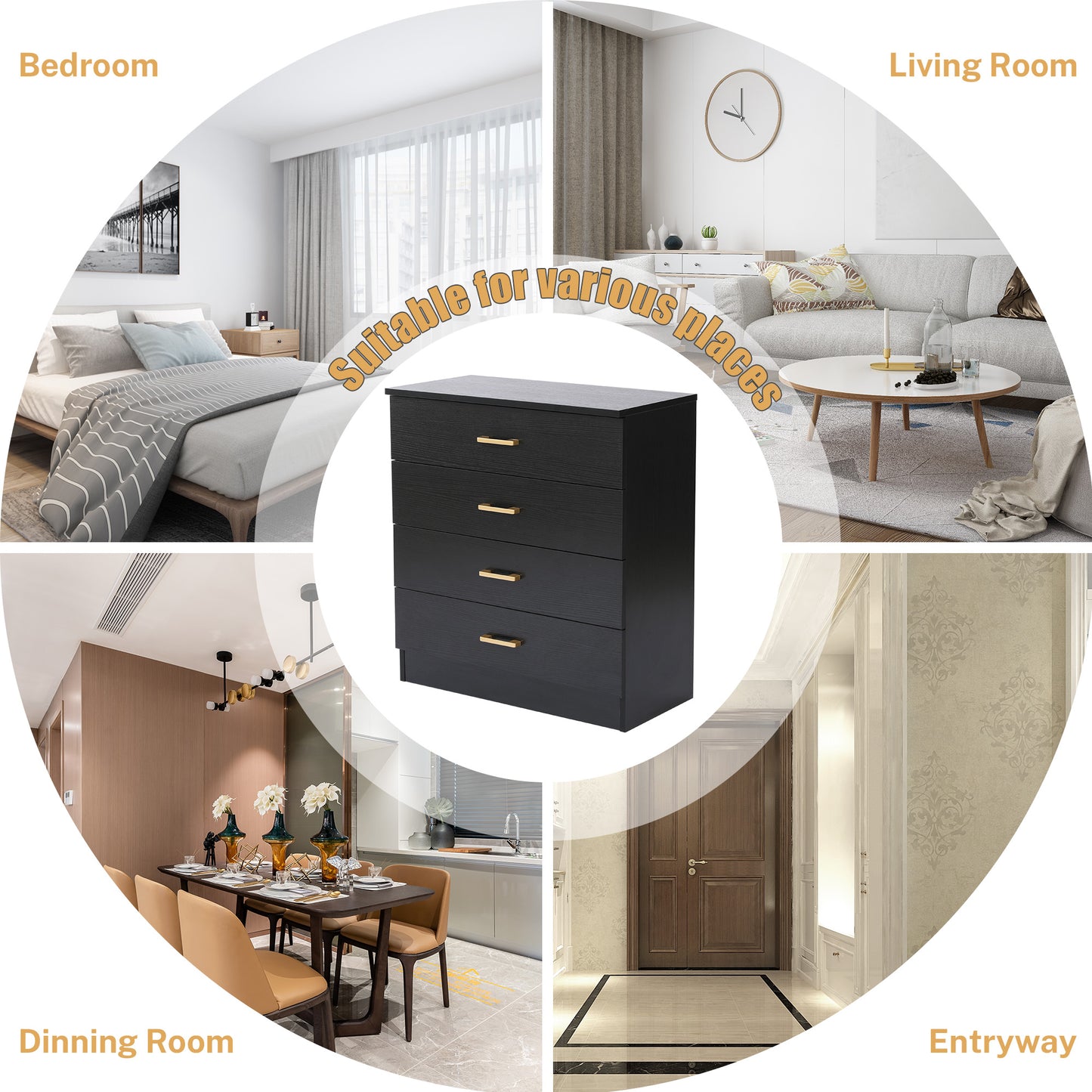 SYNGAR Black 4 Drawer Dresser, Chest of Drawers for Bedroom, Modern Storage Cabinet Dresser Organizer Unit with Handle for Living Room, Closet, Hallway, Nursery