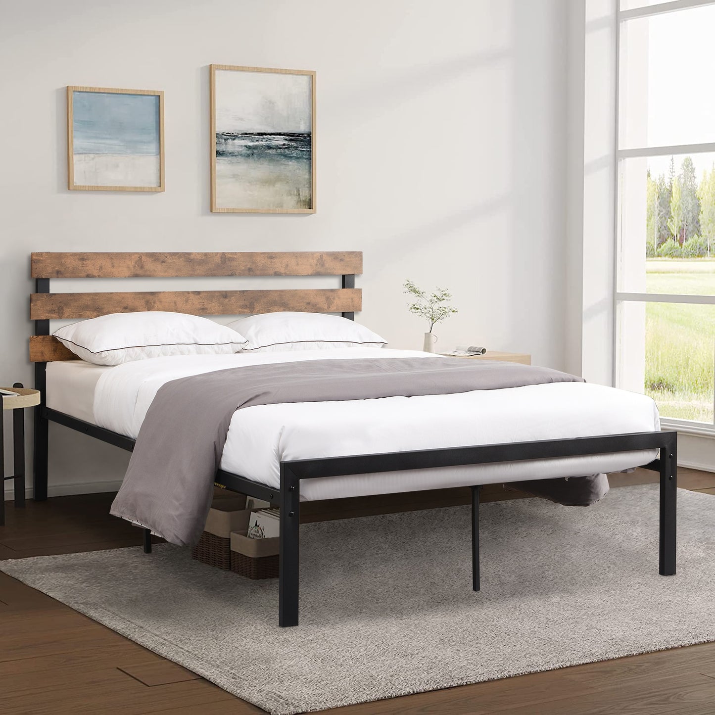SYNGAR Black Metal Platform Bed Frame Full Size with Wooden Headboard, Steel Legs, Underbed Storage, Strong Slat Support, No Box Spring Needed, Rustic Full Bed Frame for Kids Teens Adults