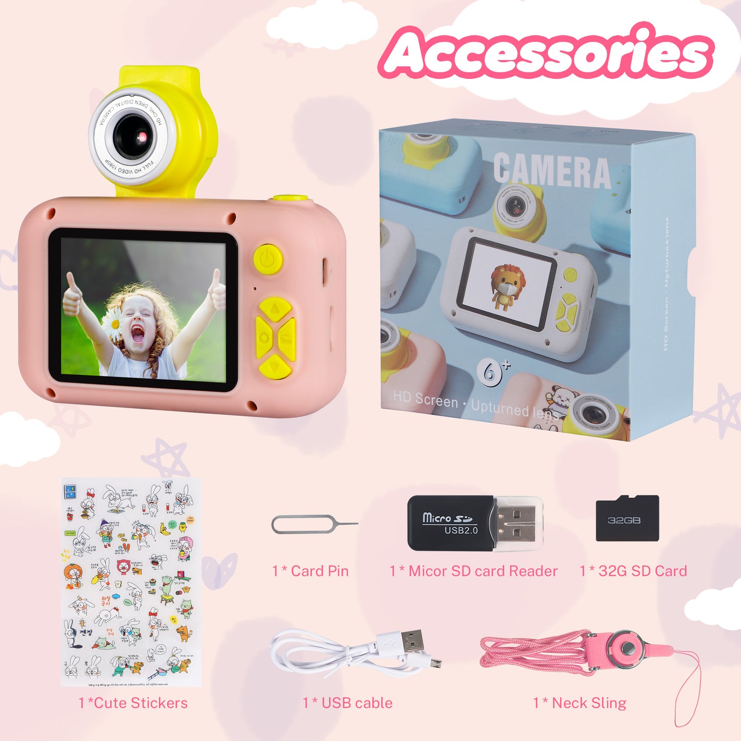 Reversible Kids Camera, 1080P Upgrade Selfie Camera with 32 GB Card, Kids Digital Camera for Girls Boys 3-8 Year Old, Perfect Christmas Birthday Festival Toys Gifts for Toddlers, Pink Astronaut