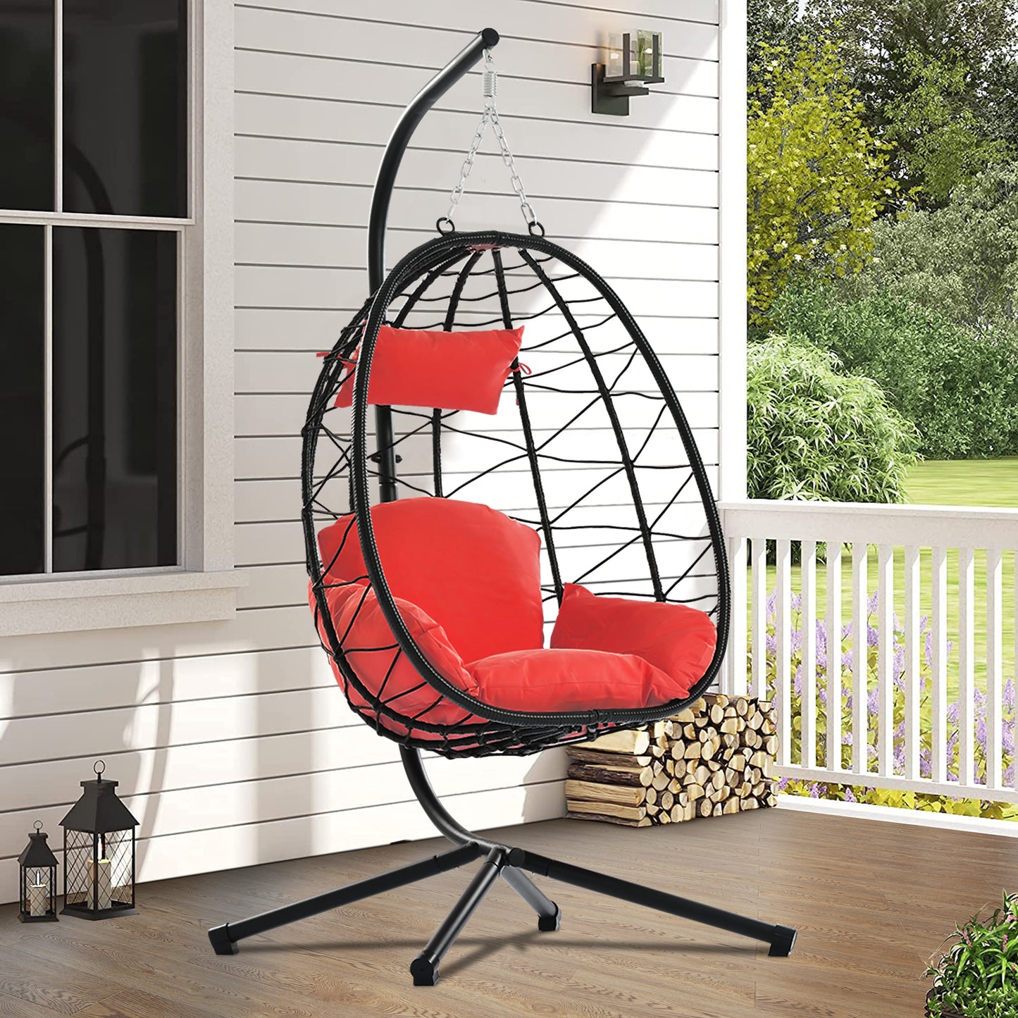 SYNGAR Egg Chair with Stand, Wicker Swing Chair, Patio Hammock Chair with Soft Cushion, Indoor Outdoor Balcony Bedroom Basket Hanging Lounge Chair, Heavy Duty Frame for 300 lbs Capacity, Red, Y024