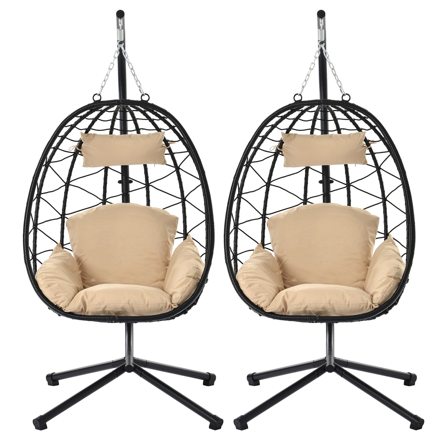 SYNGAR 2 Piece Indoor Outdoor Patio Wicker Hanging Chair, Swing Hammock Egg Chairs Waterproof Cushions with Steel Frame, 300lbs Capacity for Patio Balcony Bedroom Living Room, 2Pcs, Beige