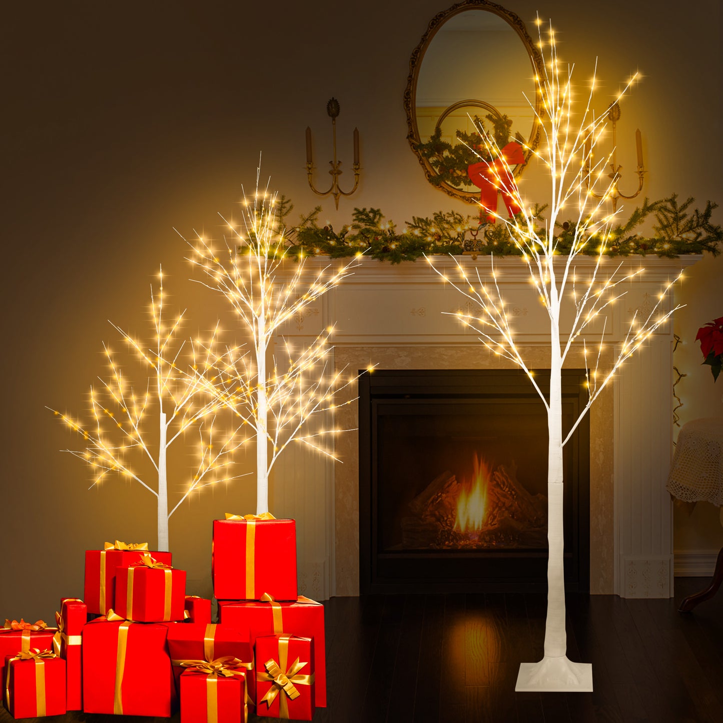 Set of 3 White Birch Trees, 4ft, 4ft and 6ft Christmas Tree with LED Lights, Fits for Christmas Decoration, Home Christmas Lights for Indoor Outdoor Wedding Party Garden, Warm White, C15