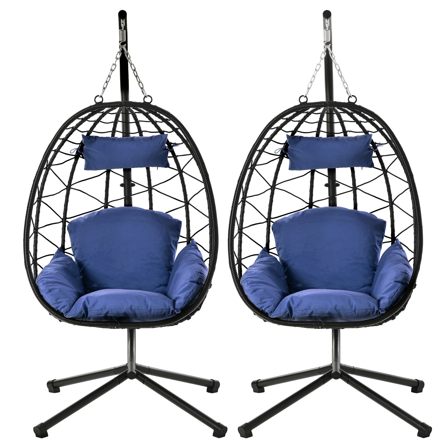 SYNGAR 2 Piece Indoor Outdoor Patio Wicker Hanging Chairs, Swing Hammock Egg Chairs Waterproof Cushions with Steel Frame, 300lbs Capacity for Patio Balcony Bedroom Living Room, Navy Blue