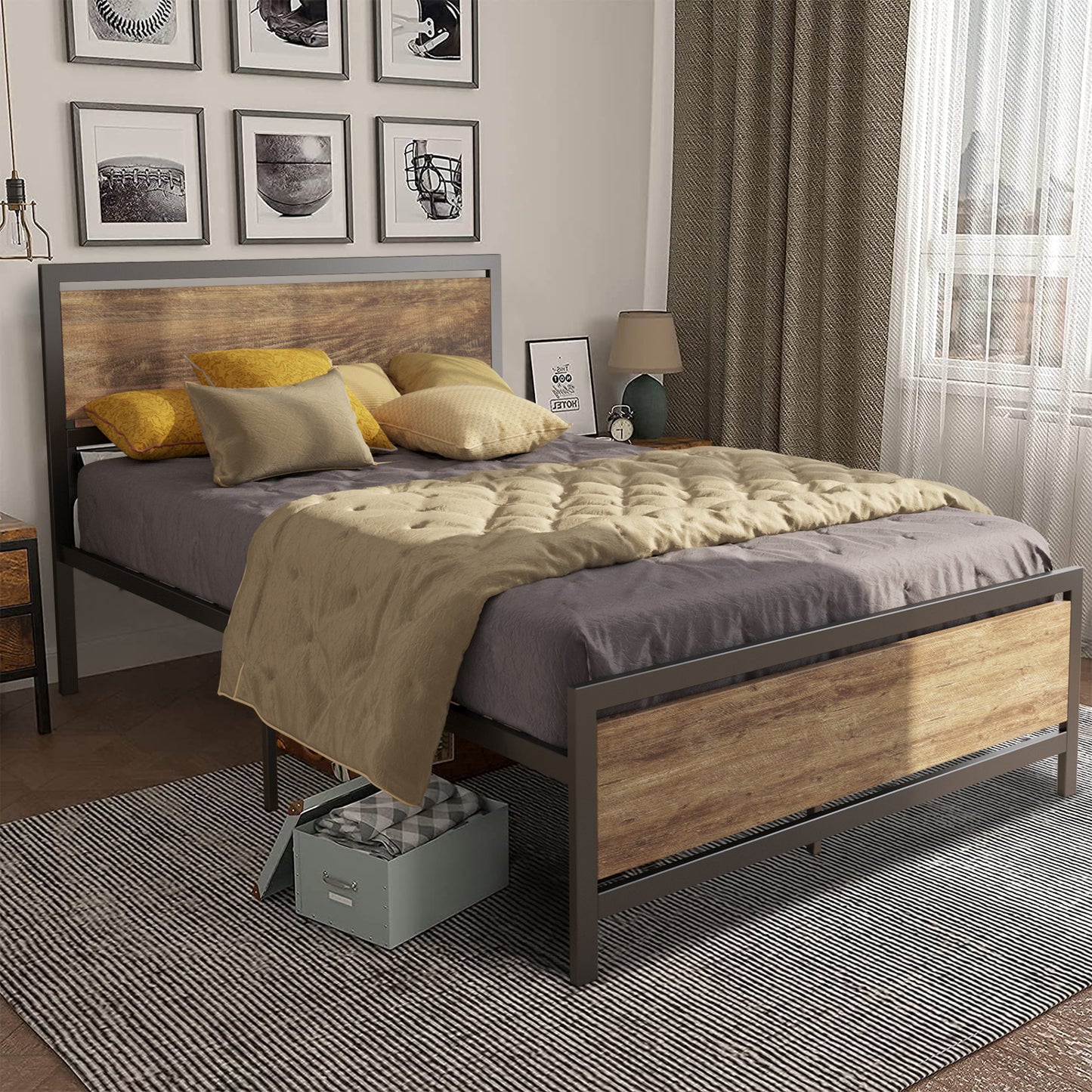 Queen Bed Frame, Metal Bed Frame No Box Spring Needed, Queen Platform Bed Frame with Headboard and Footboard, Black