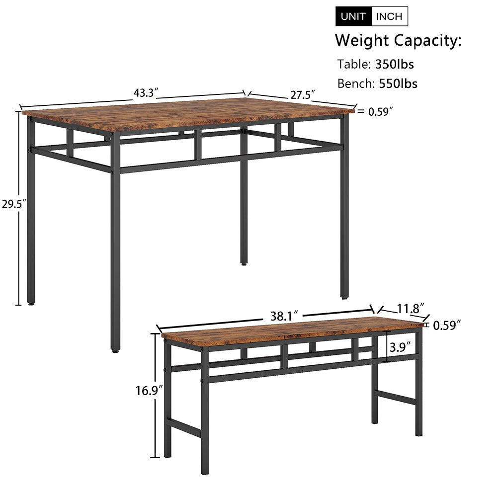 Dining Table with 2 Bench, Space Saving Dining Table Set, Modern Soho Dining Set with Metal Frame, Farmhouse Style Dining Room Furniture Set for 6 Persons, Easy Assembly for Kitchen Coffee Shop, B1187