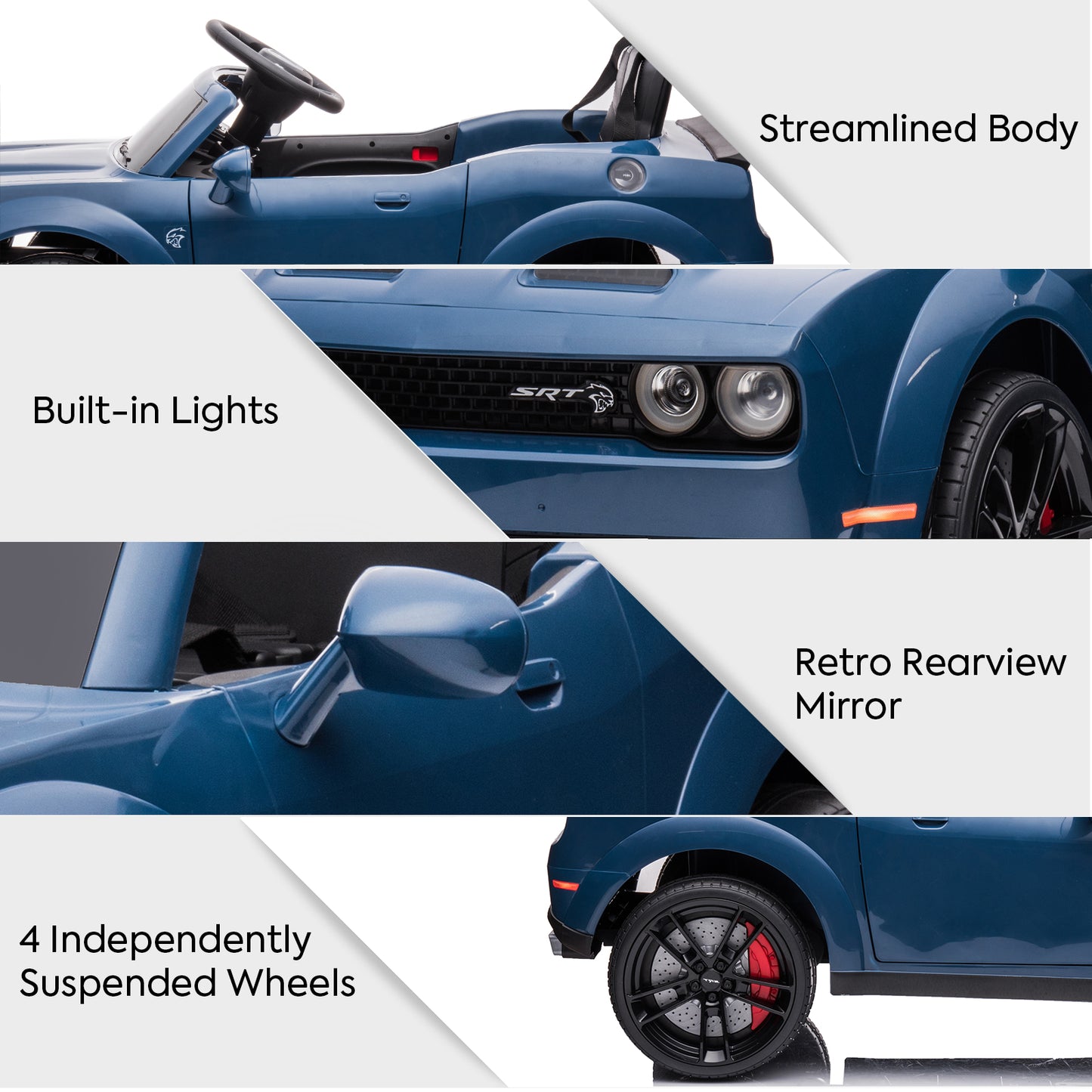 Power Dodge Challenger SRT Ride on Toy, 12 Volt Battery Powered Electric Car with Remote Control, Horn, LED Lights, USB Port for Boys Girls Birthday Gift, Blue