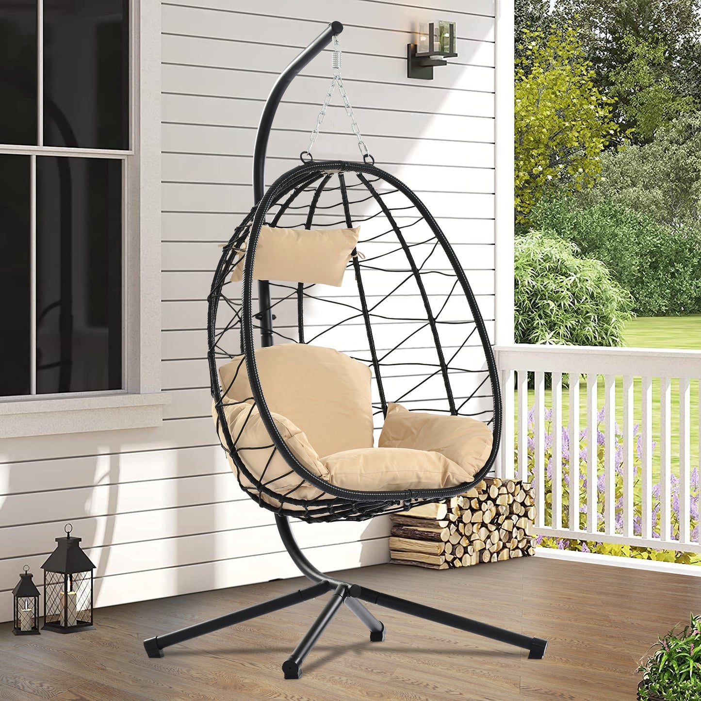 SYNGAR Hanging Egg Chair with Stand for Indoor/Outdoor, Patio Wicker Swing Chair with Seat Cushion & Pillow, Heavy Duty Hammock Basket Chair for Bedroom, Porch, Balcony, 300 lbs Capacity, Y025
