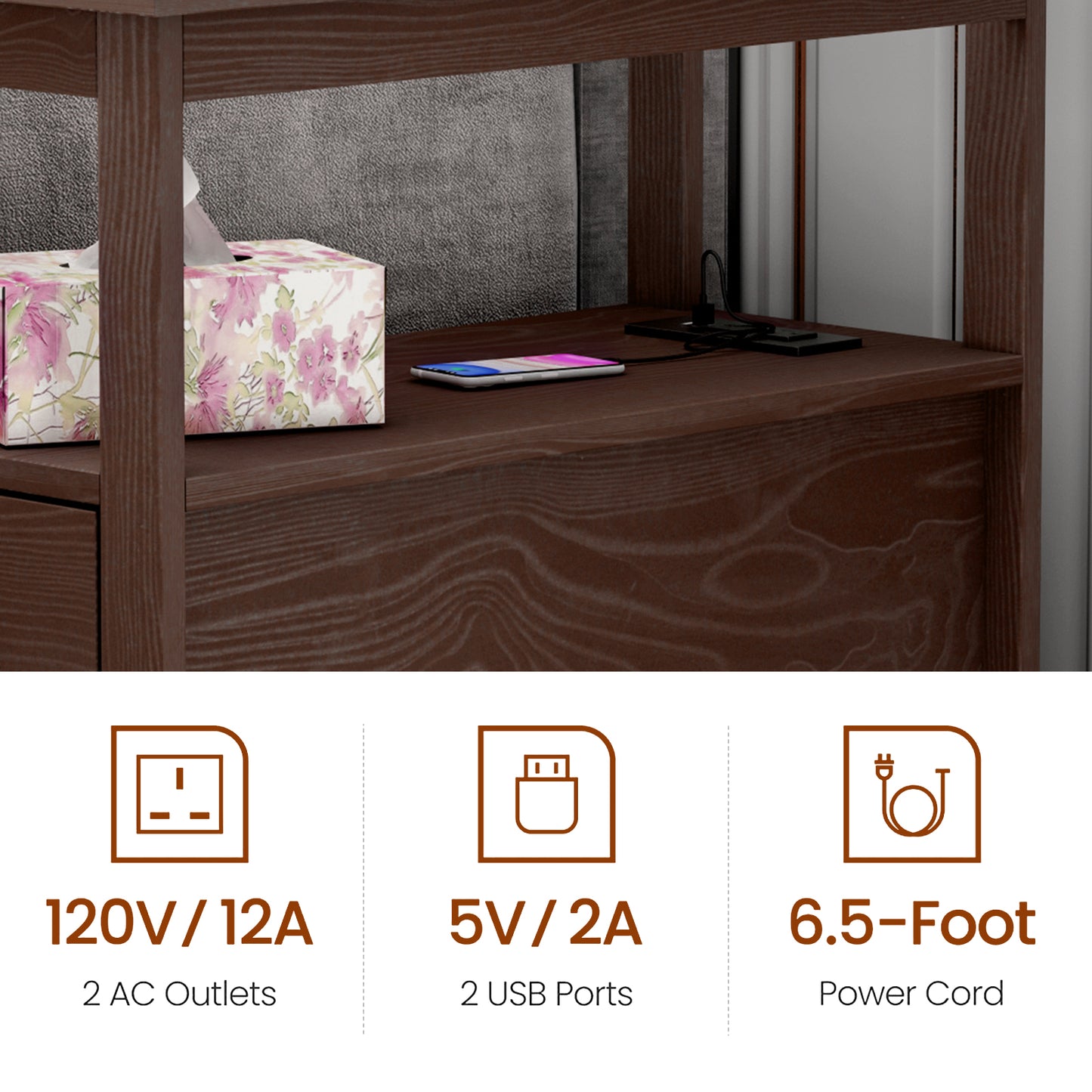 SYNGAR Side Table Set of 2 with Charging Station, End Table with USB Port and 2 Drawers for Bedroom Living Room, Coffee, LJ407
