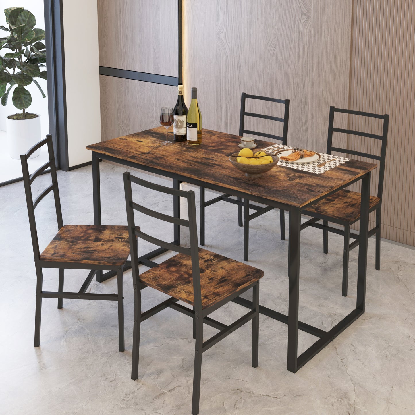 5 Piece Dining Table Set for 4, Dining Room Table Set, Modern Rustic Table Set with 4 Chairs, Wooden Tabletop and Metal Frame, Home Kitchen Breakfast Table and Chairs Set, D6115