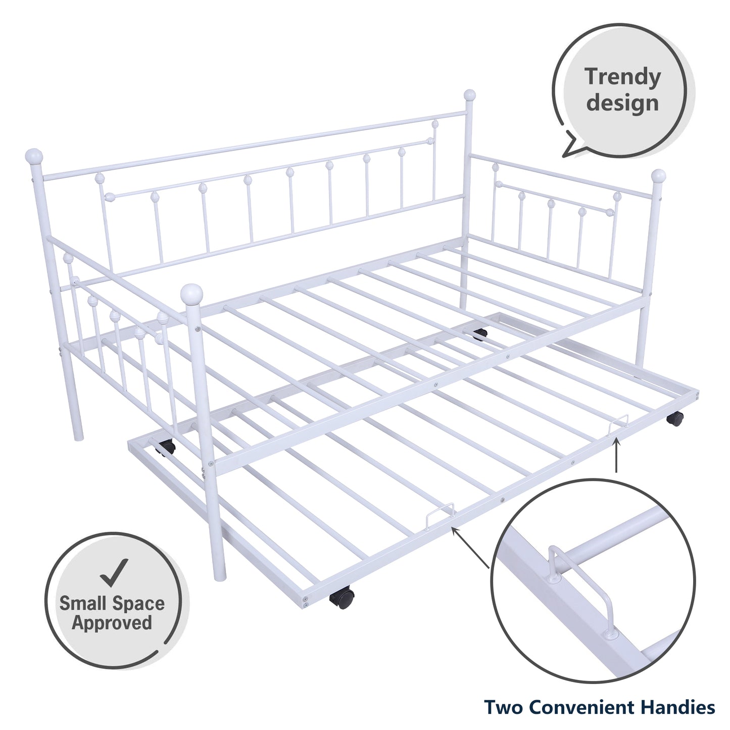 SYNGAR Daybed with Trundle, Twin Size Metal Daybed with Pop Up Trundle, Sofa Bed Day Beds Frame, Bedroom Living Room Furniture for Kids Boys Girls Adults Guest, White