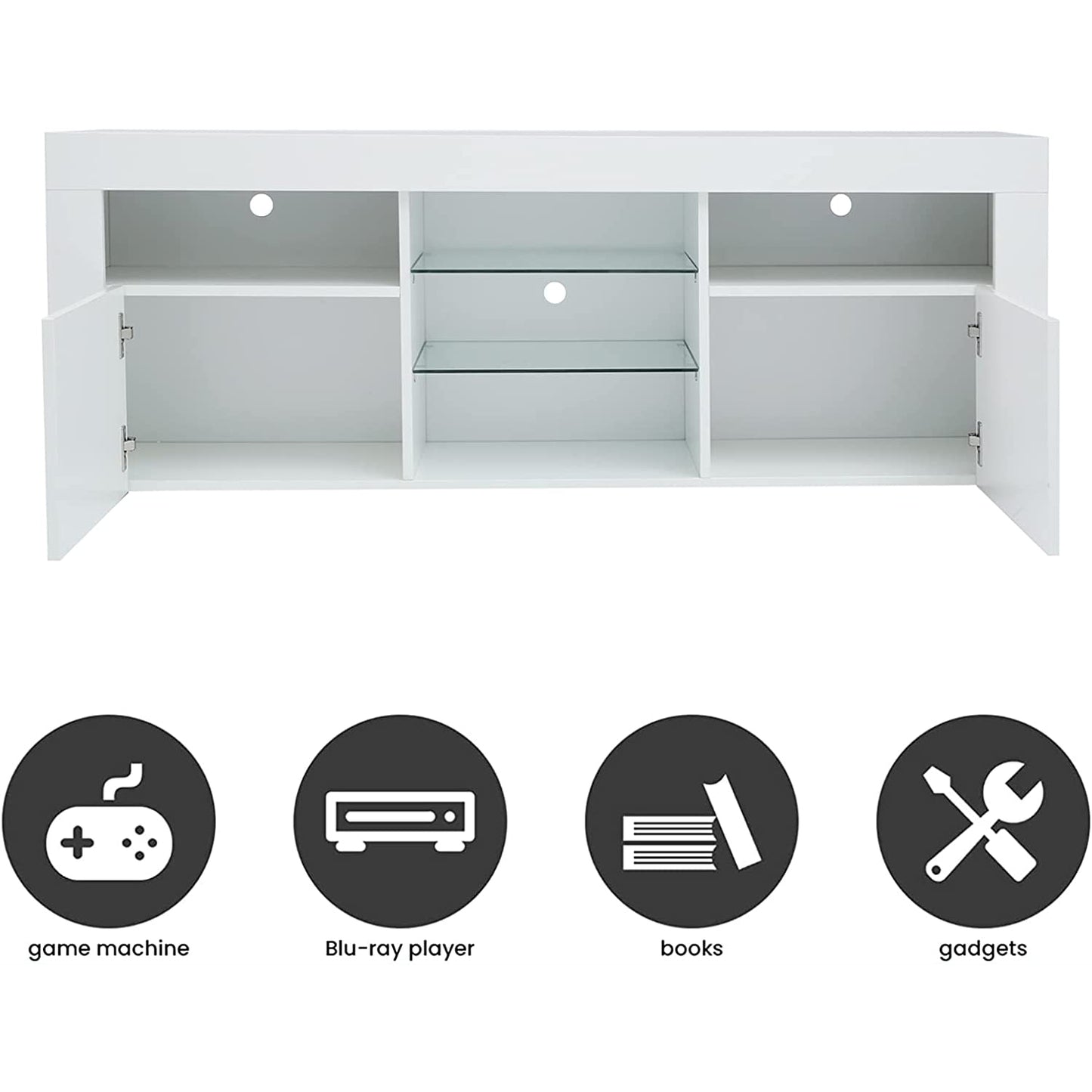 SYNGAR White TV Stand for 65 inch TV, Modern High Glossy TV Console Table Stand with 16 Colors LED Lights, Living Room TV Table Stand Buffet Cabinet with Storage, 58"L×14" W×21"H