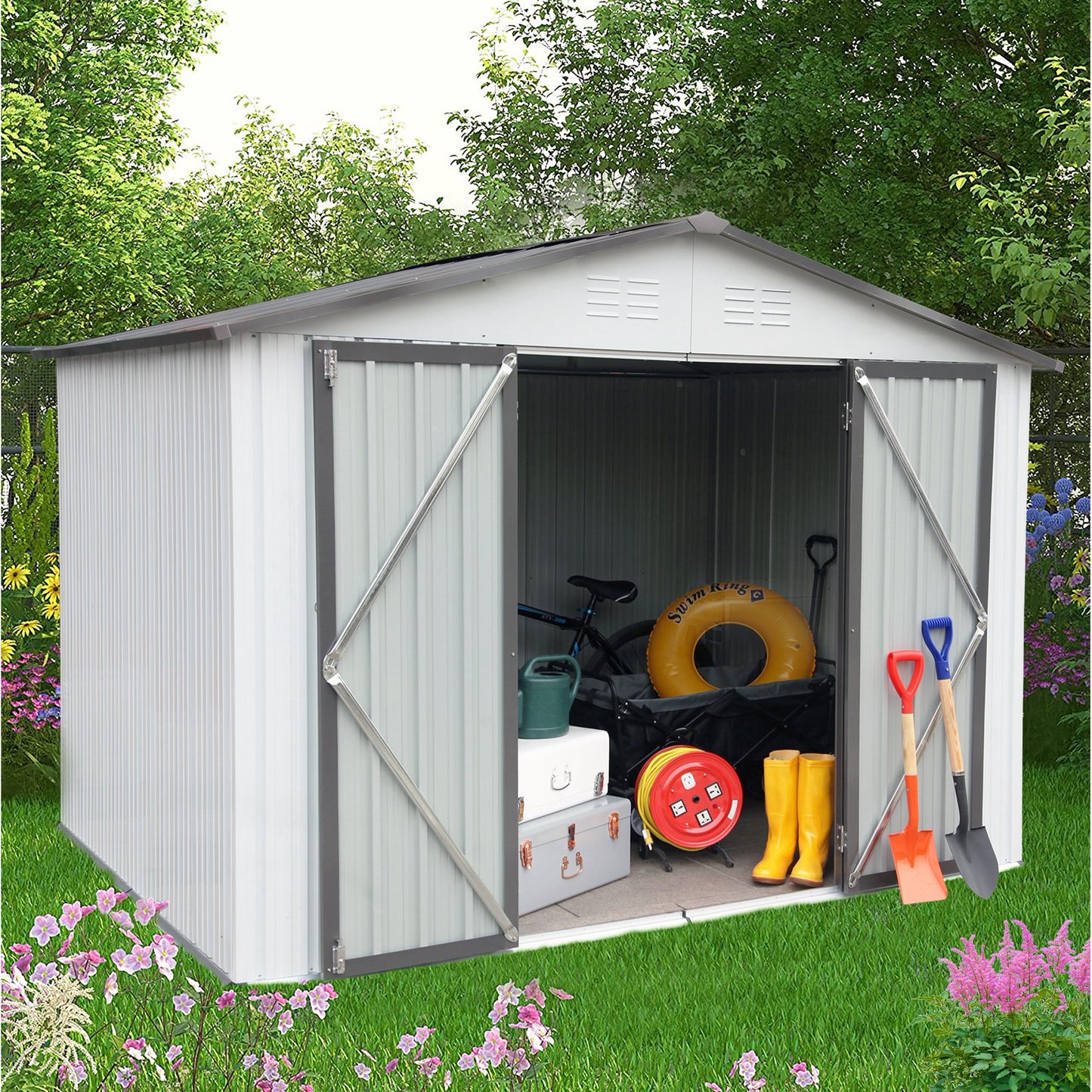 Outdoor Shed Storage Cabinet, 8FT X 6FT Garden Storage Shed Metal with Lockable Doors, Outside Vertical Shed Bike Shed