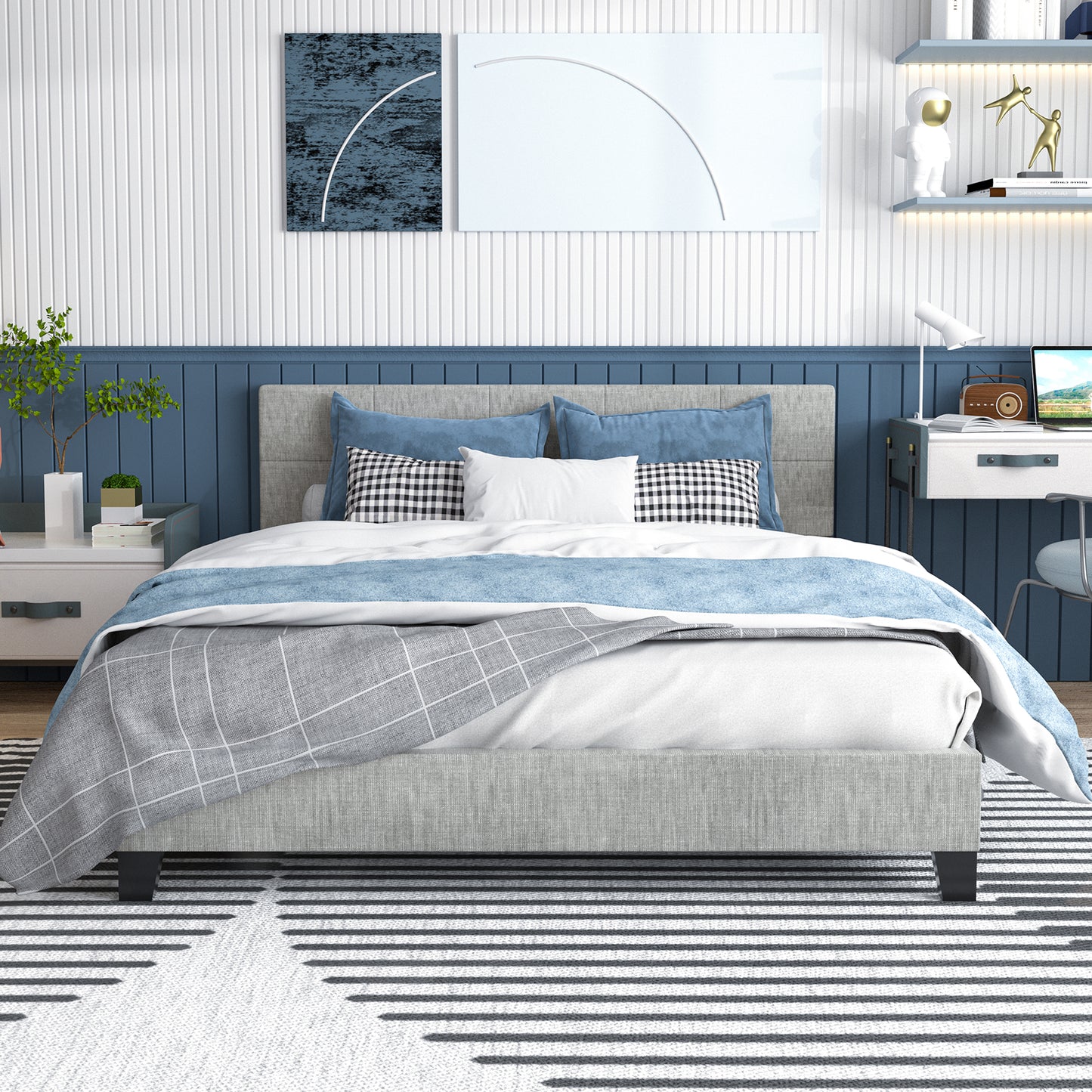 SYNGAR Full Size Platform Bed Frame with Linen Fabric Upholstered Button Tufted Headboard, Sturdy Sturdy Frame and Strong Wooden Slats, No Box Spring Needed, Gray