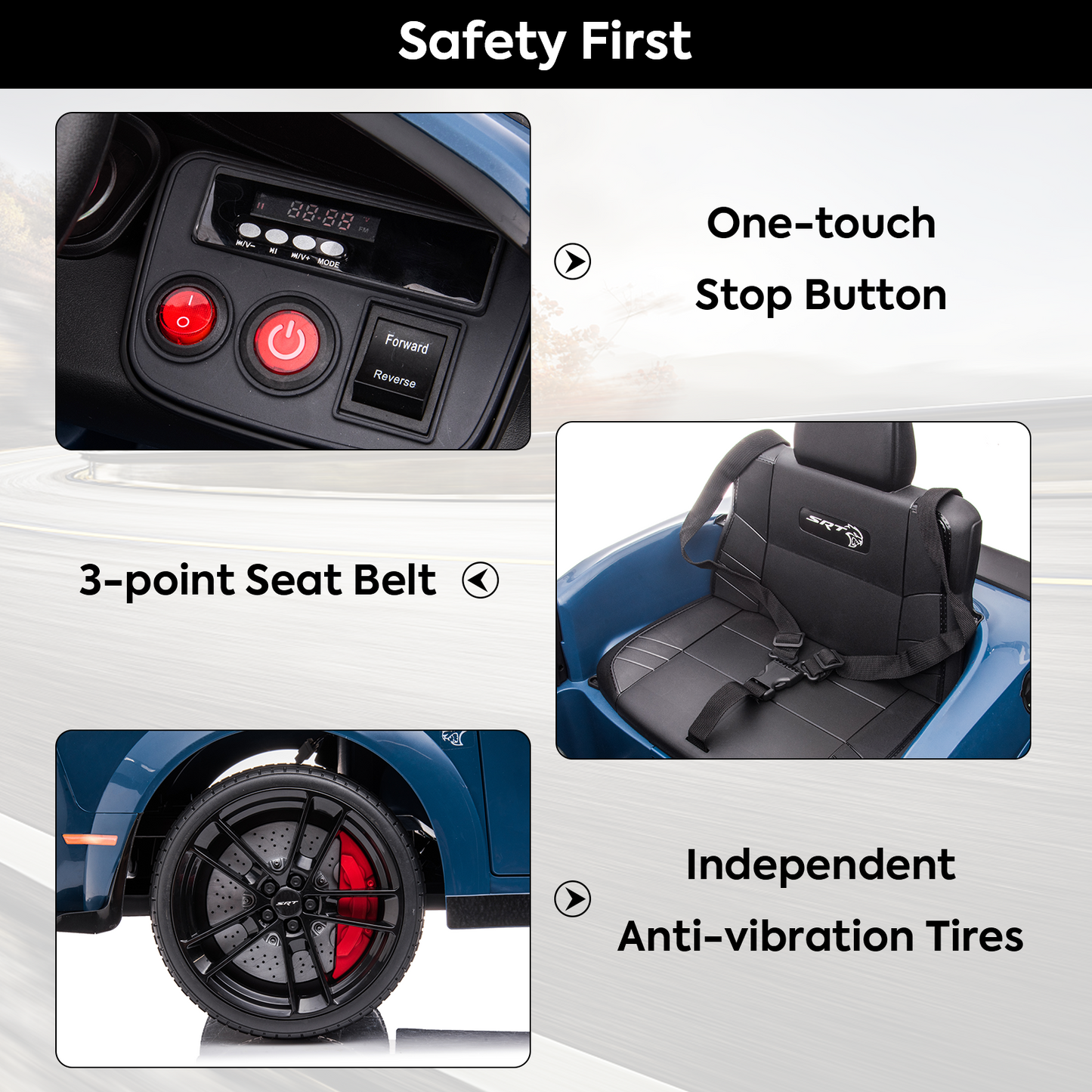 Power Dodge Challenger SRT Ride on Toy, 12 Volt Battery Powered Electric Car with Remote Control, Horn, LED Lights, USB Port for Boys Girls Birthday Gift, Blue