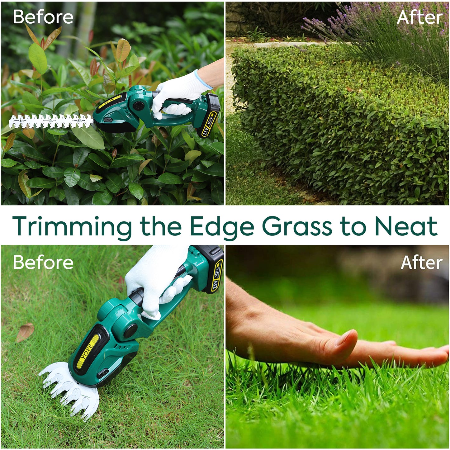 SYNGAR Electric Cordless Hedge Trimmer 2 in 1, Power Grass Shear Handheld Shrubbery Trimmer with Rechargeable Battery and Charger, 1.65lbs Lightweight, Green