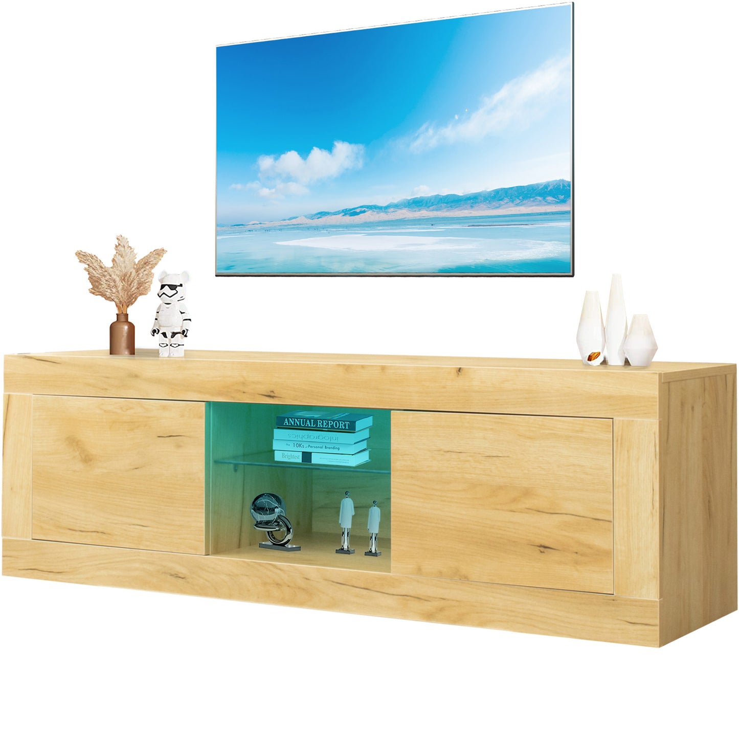 SYNGAR Black TV Stand for 55 inch TV, Modern High Glossy TV Console Table Stand with 16 Colors LED Lights, Living Room TV Table Stand Buffet Cabinet with Storage, 47"L×16" W×16" H