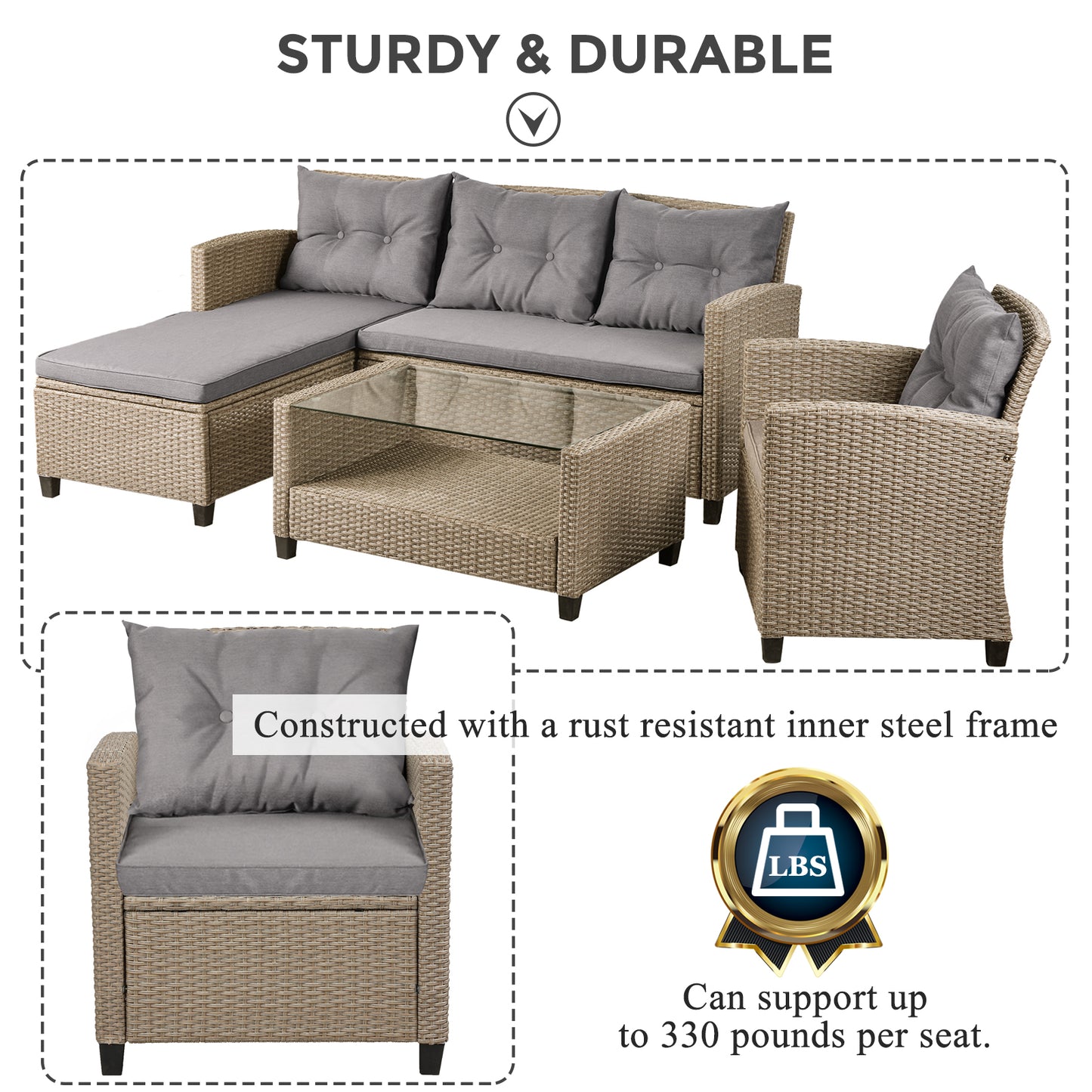 SYNGAR 4 Pieces Patio Furniture Sectional Set, Outdoor All-Weather Manual Weaving Wicker Conversation Set with Cushion & Table, Rattan Sectional Sofa Set, Yard Porch Deck Use Furniture Set, B630