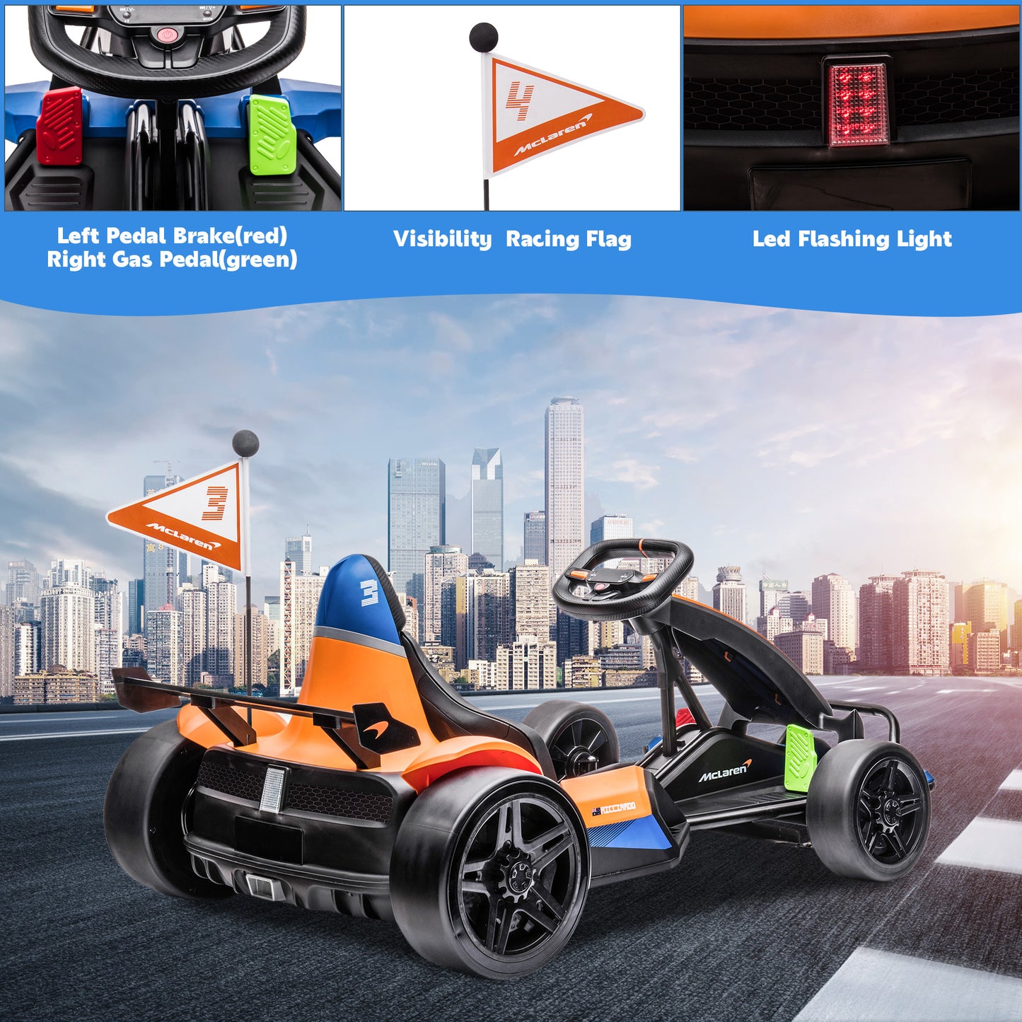 SYNGAR 24V Go Kart for Kids Age 6+, Licensed Mclaren Battery Powered Ride on Car with Safety Belt and Touch Control, ASTM Safety Certified