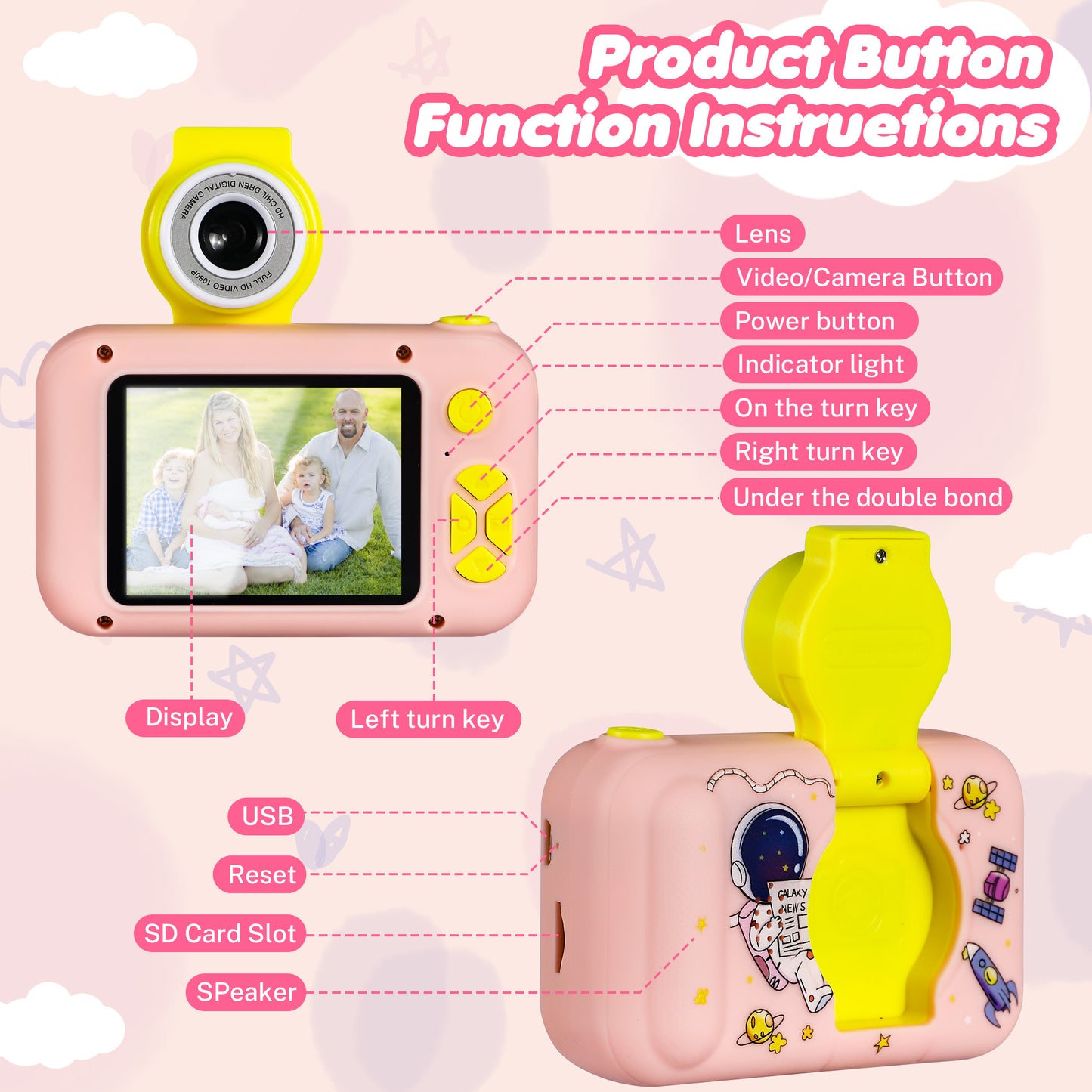 Reversible Kids Camera, 1080P Upgrade Selfie Camera with 32 GB Card, Kids Digital Camera for Girls Boys 3-8 Year Old, Perfect Christmas Birthday Festival Toys Gifts for Toddlers, Pink Astronaut