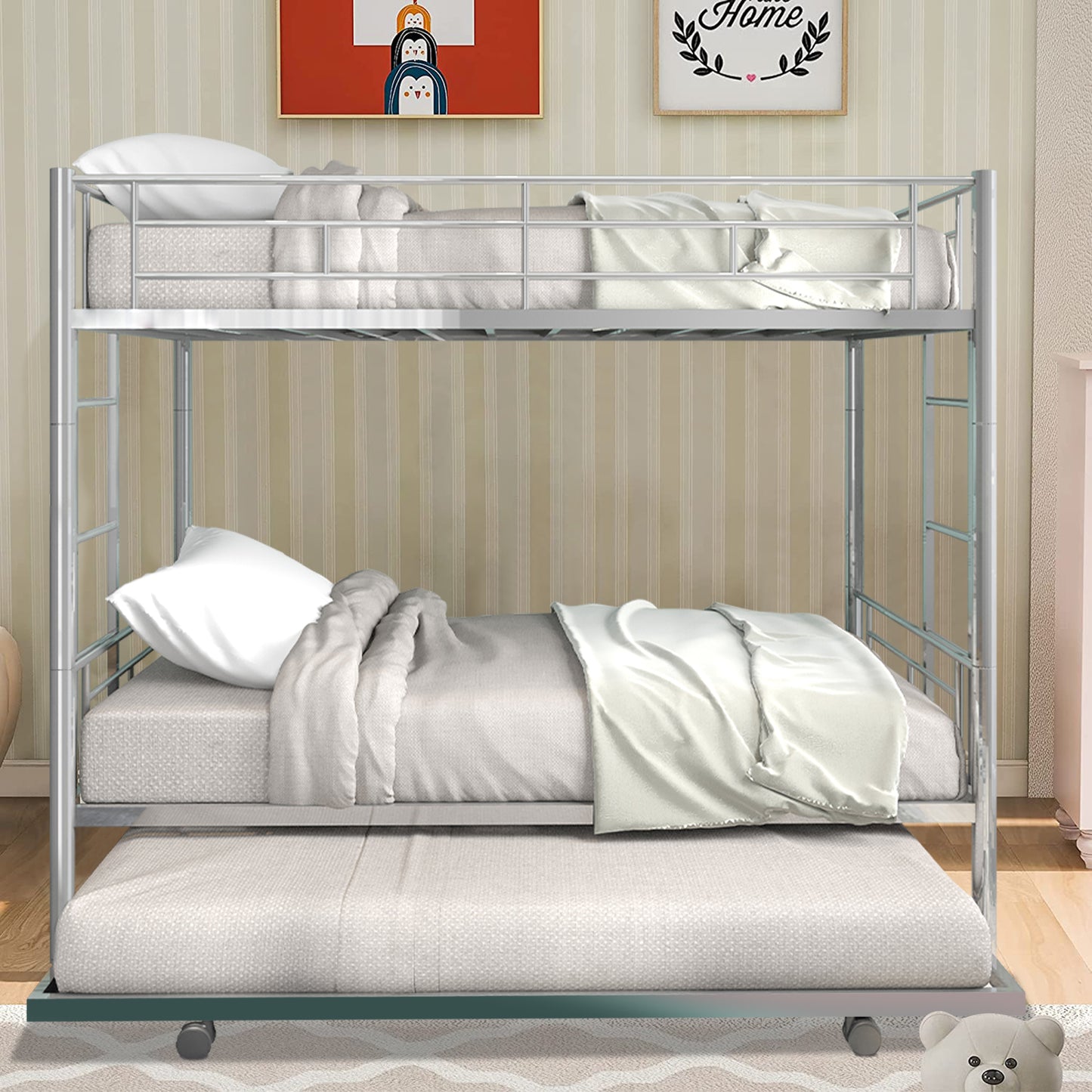 Twin over Twin Bunk Bed Frame with Trundle, SYNGAR Upgraded Bunk Beds with Ladder & Guardrail, Heavy Duty Kids Bedroom Furniture Bunk Bed for Boys and Girls, Space Saver Guest Room Bunk, Silver, C24