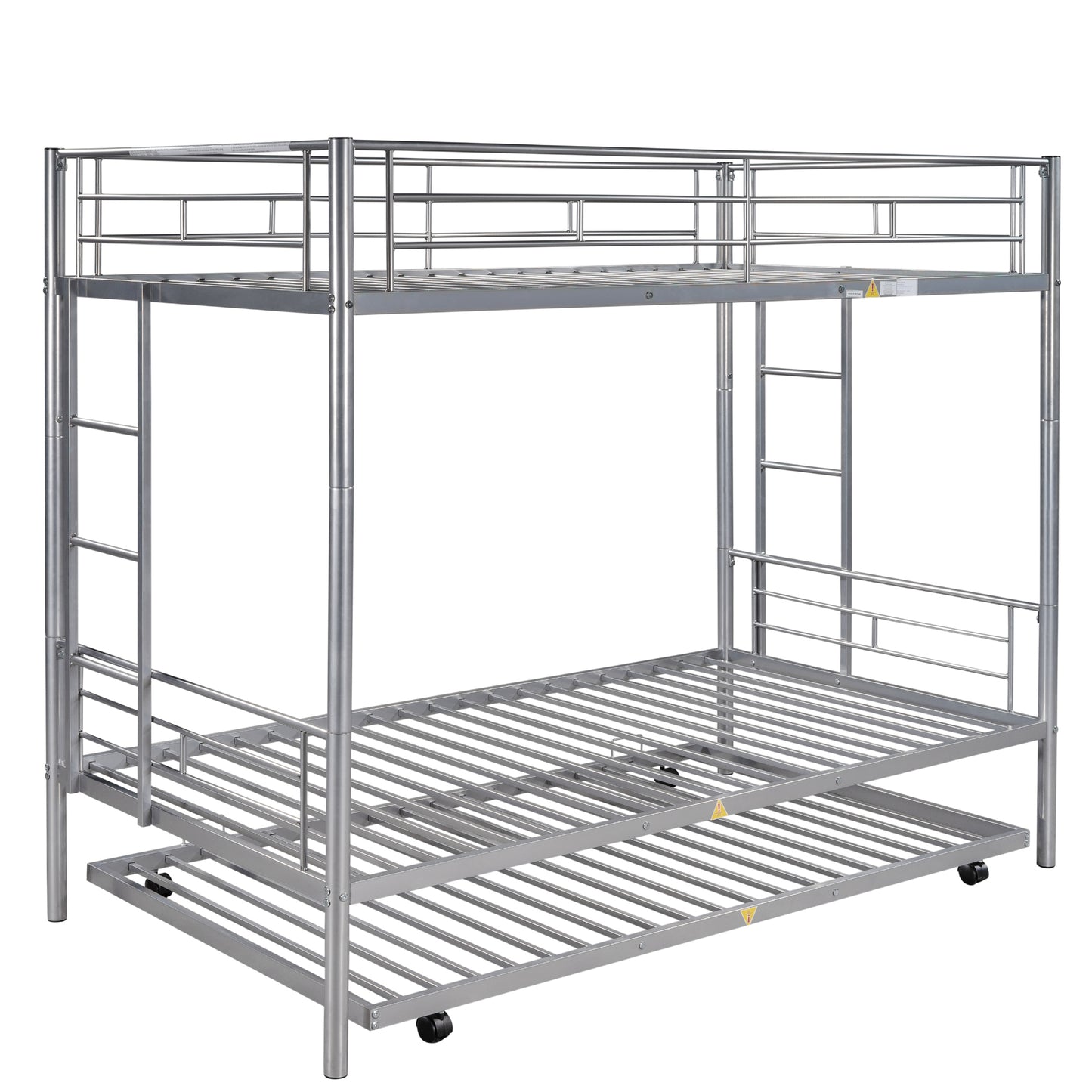 Twin over Twin Bunk Bed Frame with Trundle, SYNGAR Upgraded Bunk Beds with Ladder & Guardrail, Heavy Duty Kids Bedroom Furniture Bunk Bed for Boys and Girls, Space Saver Guest Room Bunk, Silver, C24