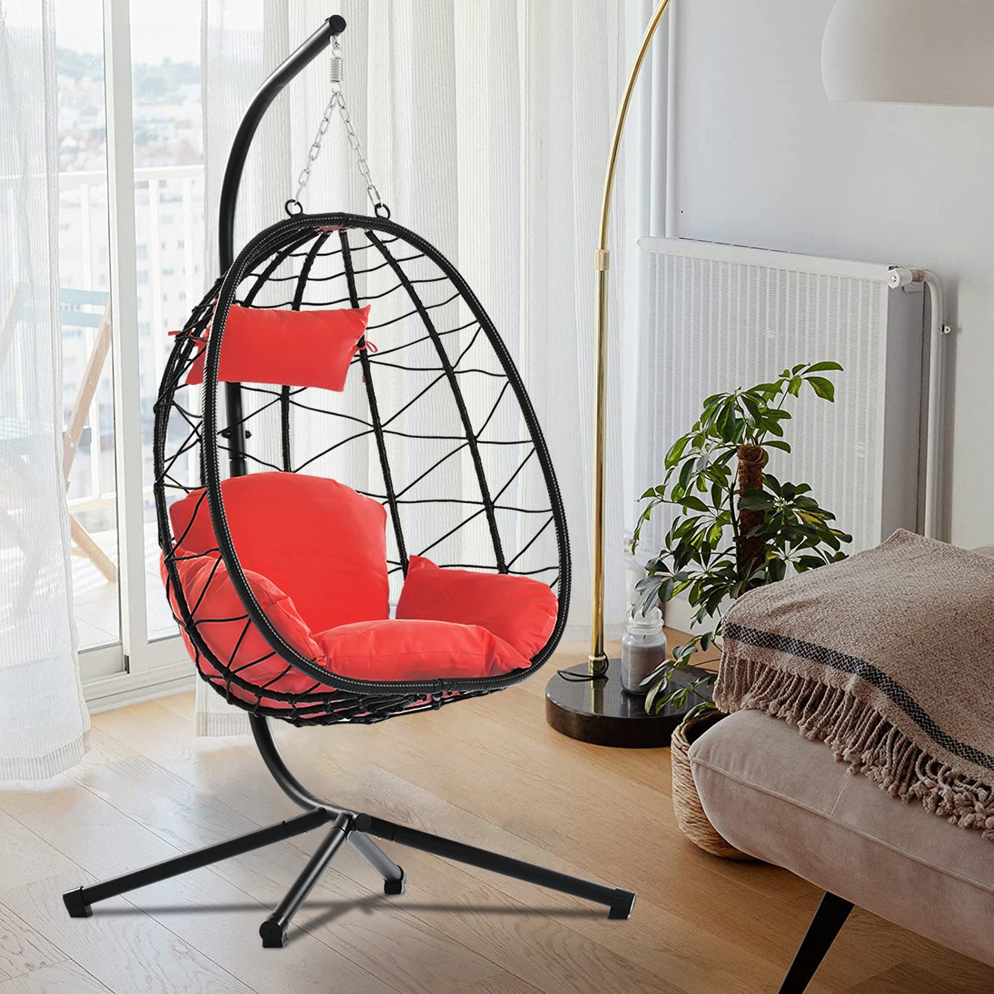 SYNGAR Egg Chair with Stand, Wicker Swing Chair, Patio Hammock Chair with Soft Cushion, Indoor Outdoor Balcony Bedroom Basket Hanging Lounge Chair, Heavy Duty Frame for 300 lbs Capacity, Red, Y024