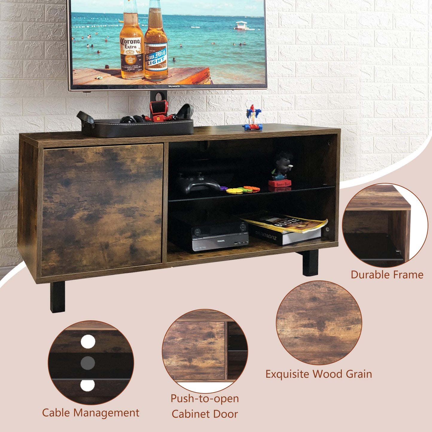SYNGAR Rustic Brown Farmhouse TV Stand with Mount for 32-65 inch TVs, 2 in 1 TV Mount Stand Table Storage Cabinet Entertainment Center, Swivel Floor TV Stand Mount for Living Room Bedroom Office