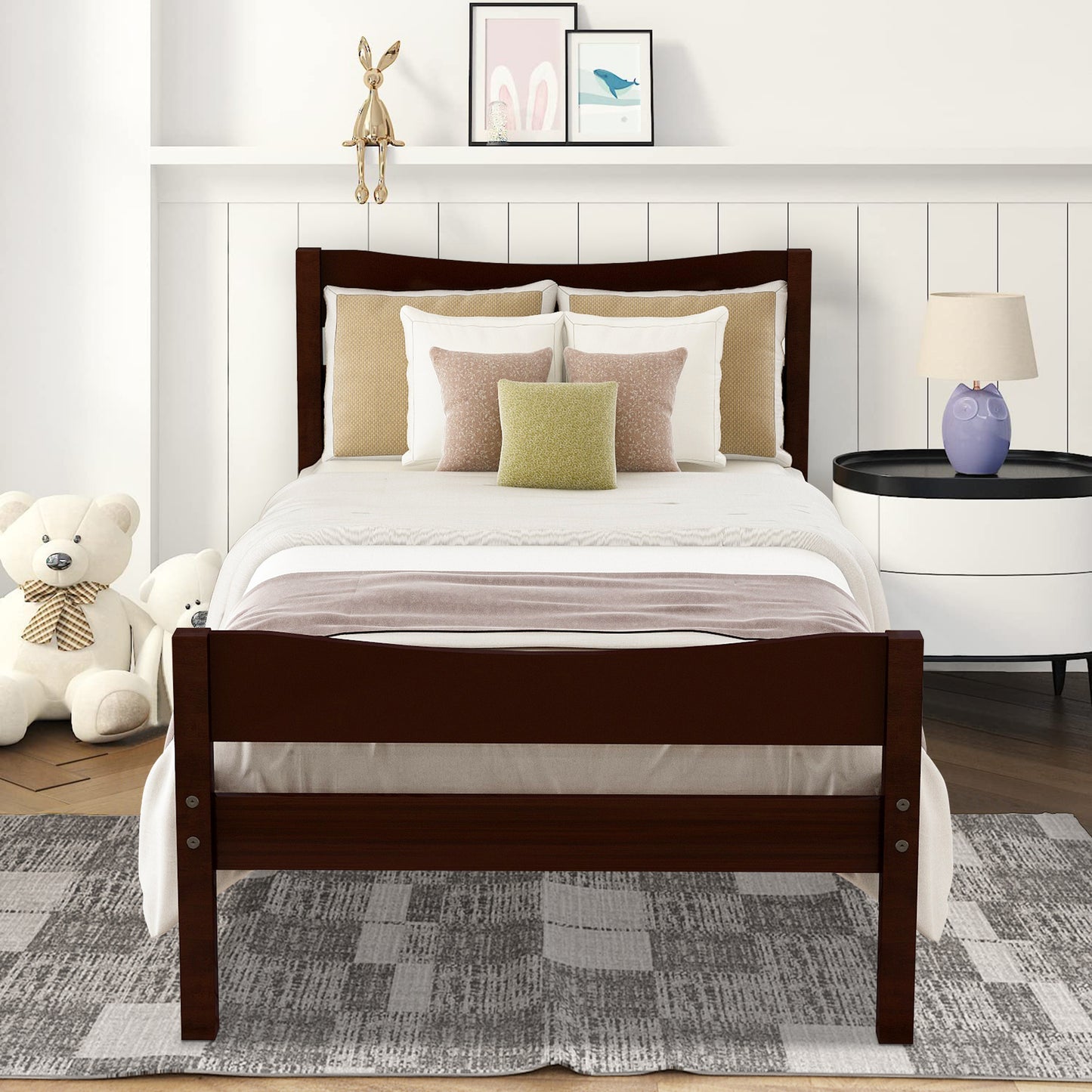 SYNGAR Twin Size Wood Platform Bed Frame with Headboard and Footboard, Underbed Storage, Mattress Foundation with Strong Wooden Slat Support, No Box Spring Needed, Espresso