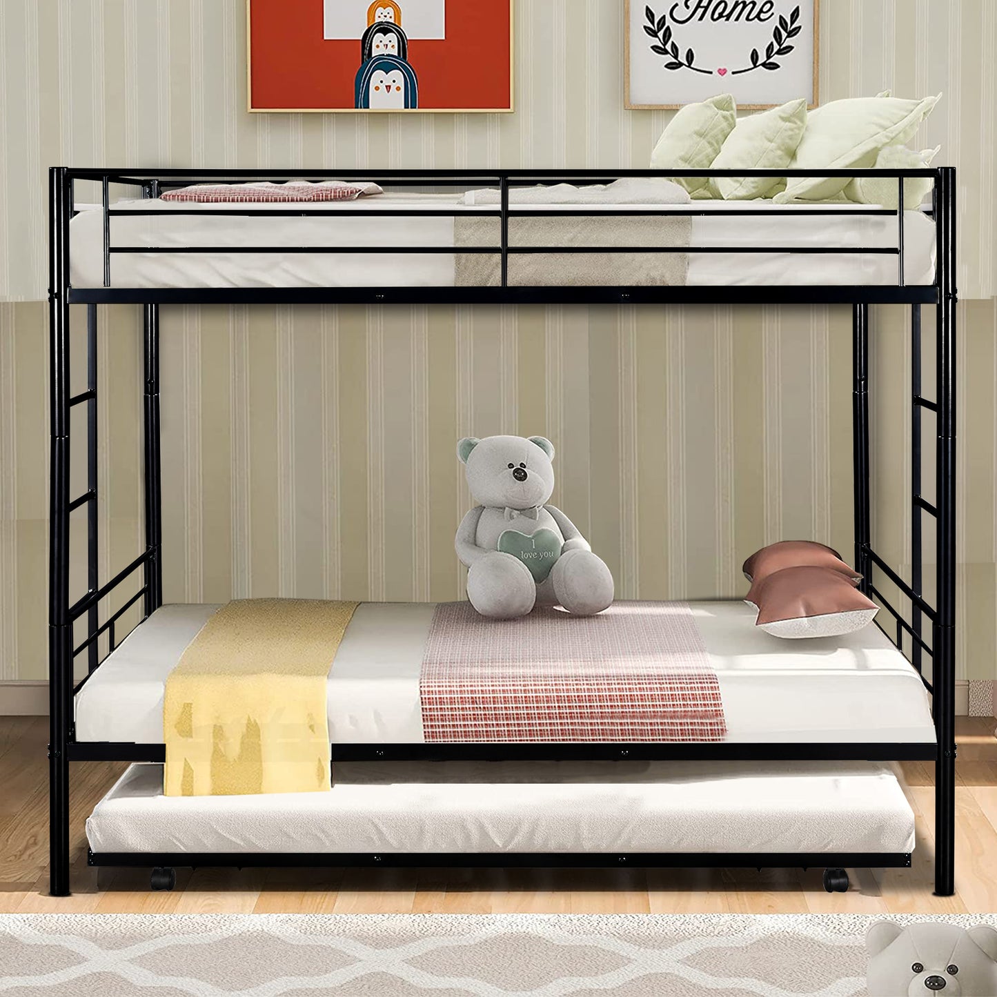 Twin over Twin Bunk Bed Frame with Trundle, SYNGAR Upgraded Bunk Beds with Ladder & Guardrail, Heavy Duty Kids Bedroom Furniture Bunk Bed for Boys and Girls, Space Saver Guest Room Bunk, Silver, C24