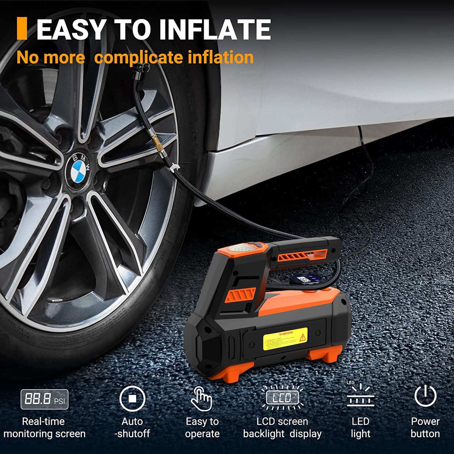 Portable Tire Inflator 12V, Portable DC Air Compressor for Car Tires, Mini Car Air Compressors Tool with LED Light, Digital Air Pump for Car Tires, Bicycles and Other Inflatables, Orange