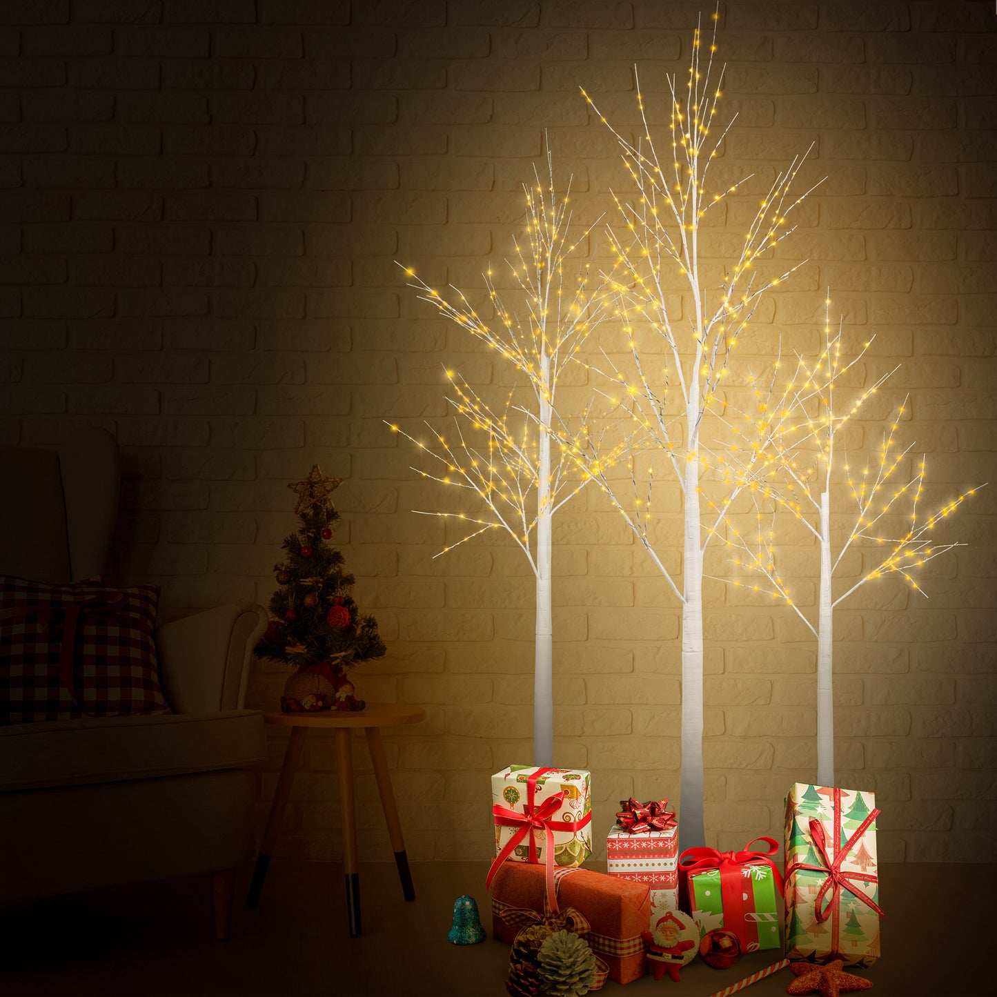 Set of 3 White Birch Trees, 4ft, 4ft and 6ft Christmas Tree with LED Lights, Fits for Christmas Decoration, Home Christmas Lights for Indoor Outdoor Wedding Party Garden, Warm White, C15