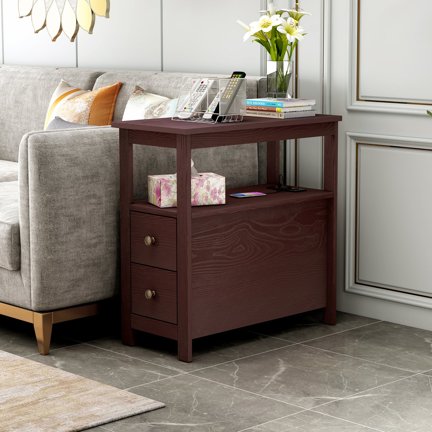 SYNGAR Side Table for Living Room, Nightstand Set of 2, Modern Side Cabinet W/ 2 Drawers, Open Shelf, Power Outlets & USB Ports, Wood End Table with Storage, Bedside Table for Bedroom, Espresso, D4684