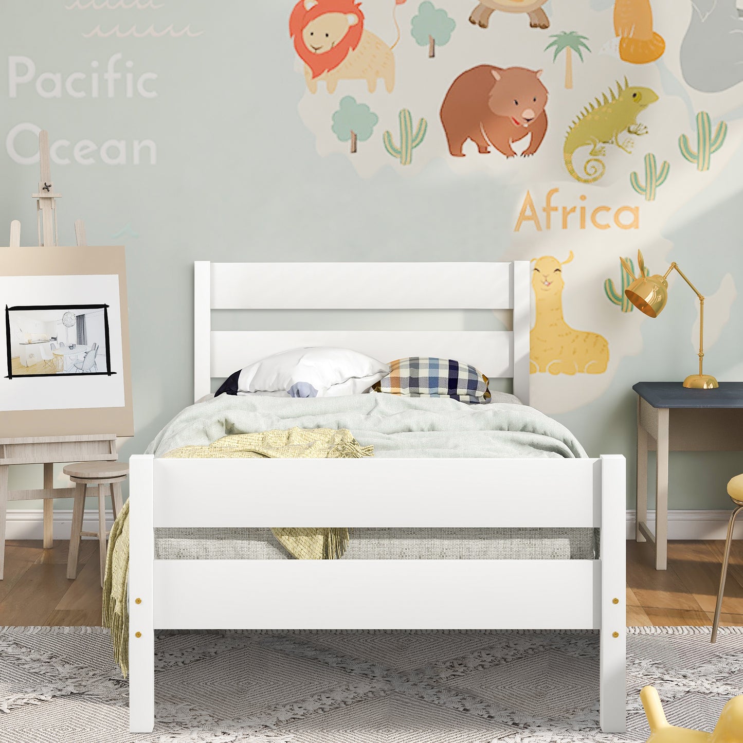 SYNGAR White Wood Platform Bed Frame Twin Size with Headboard and Footboard, Underbed Storage, Strong Slat Support, No Box Spring Needed, Twin Bed Frame for Kids Teens Adults