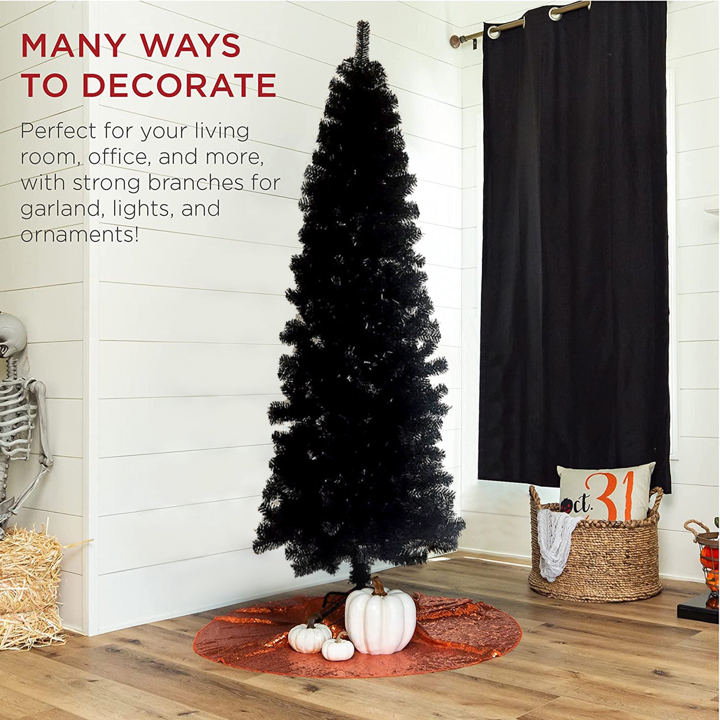 SYNGAR 7.5FT Pencil Christmas Tree, Slim Artificial Xmas Tree with 840 Branch Tips, Christmas Decor, Black