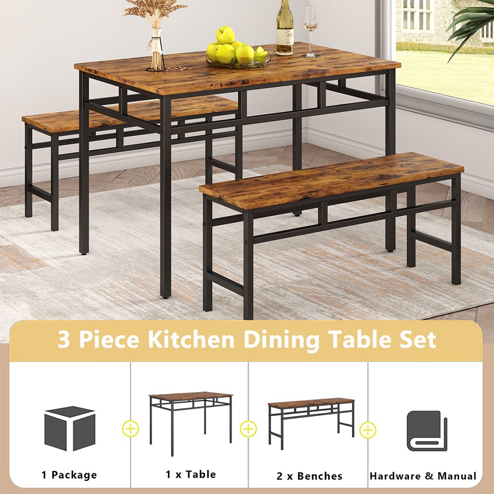 Dining Table with 2 Bench, Space Saving Dining Table Set, Modern Soho Dining Set with Metal Frame, Farmhouse Style Dining Room Furniture Set for 6 Persons, Easy Assembly for Kitchen Coffee Shop, B1187