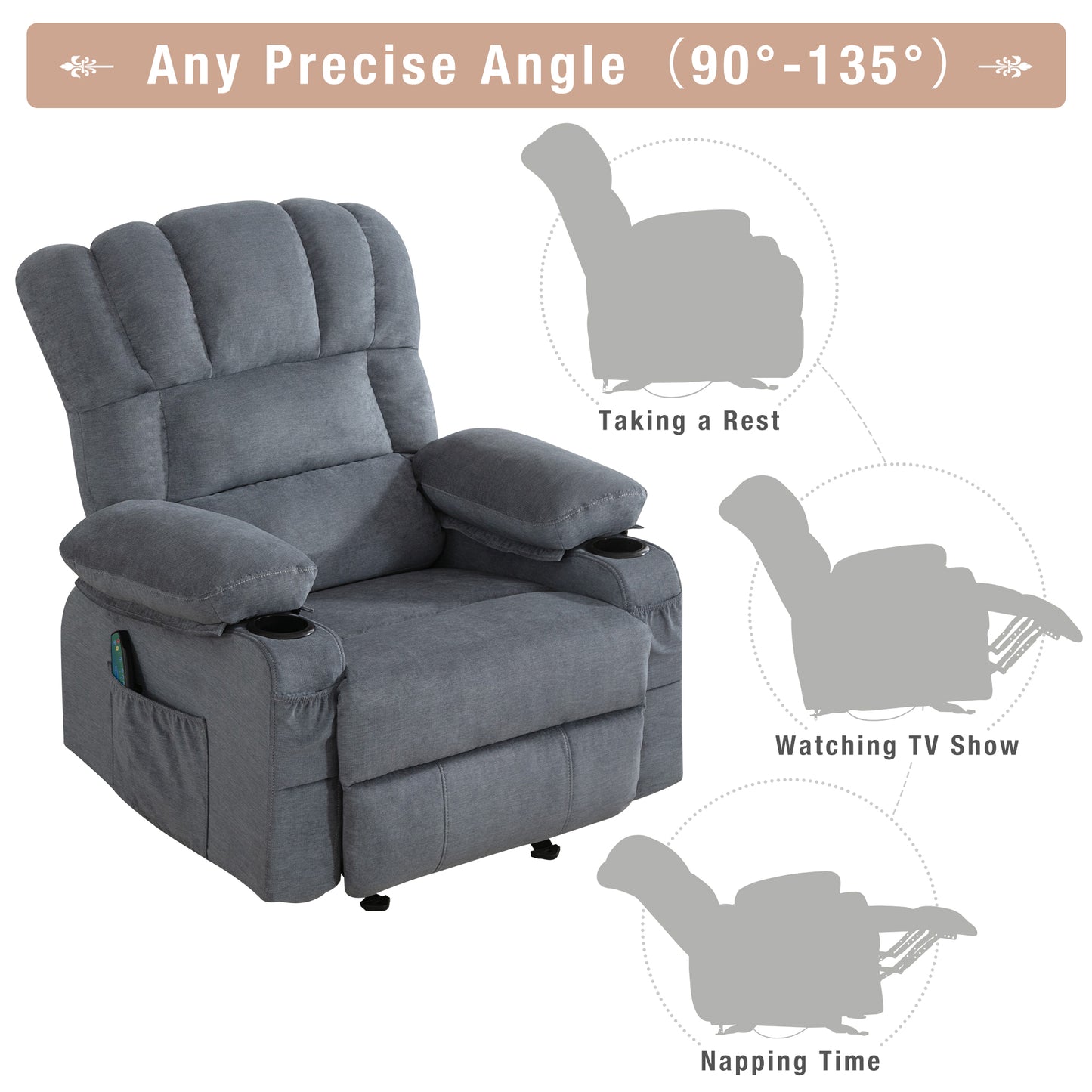 SYNGAR Manual Recliner Chair with Heat Therapy and Massage Function, Heavy Duty Reclining Mechanism Massage Chair, Elderly Single Rocker Sofa with Cup Holders for Bedroom Home Theater, Brown