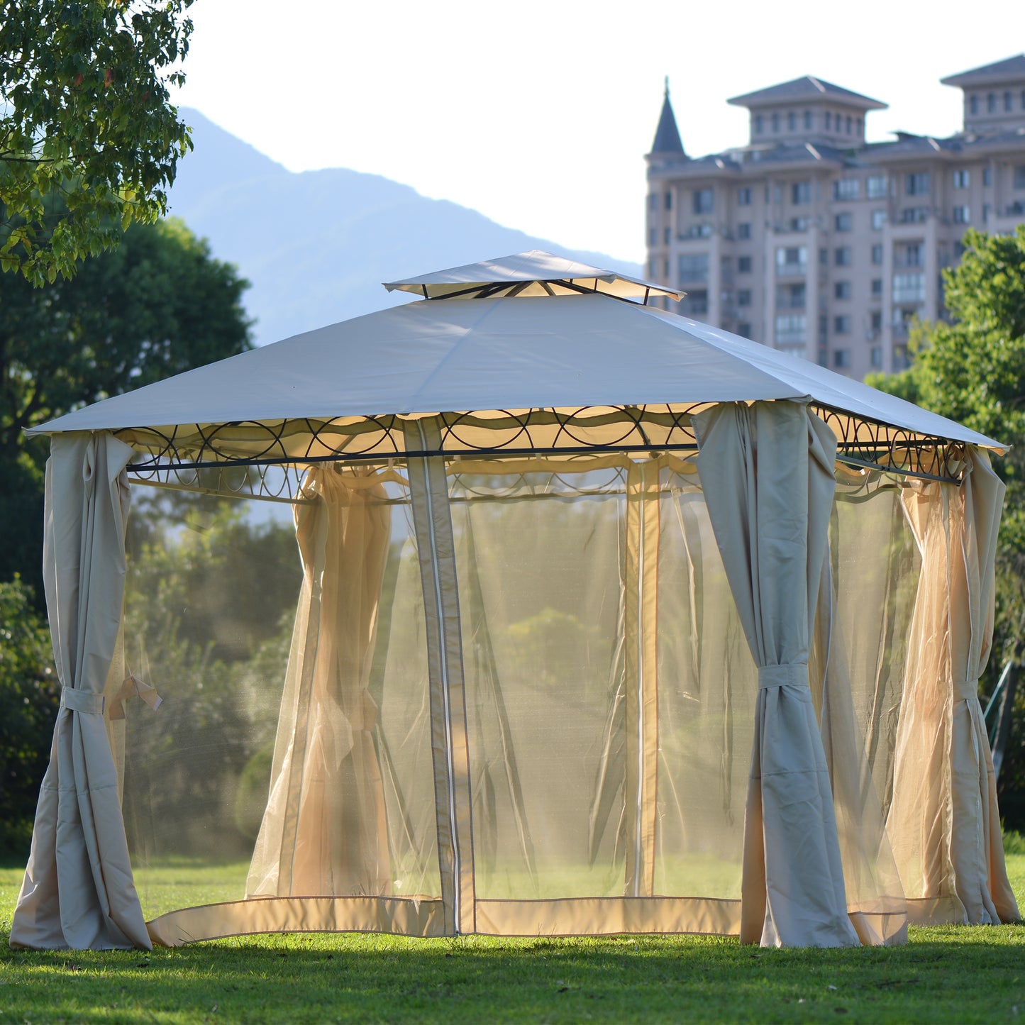 SYNGAR 10.5 x 10.5 ft Outdoor Gazebo, Patio Canopy for Shade and Rain with Mosquito Netting, Soft Top Relaxing Gazebo with Double Vented Roof, for Poolside, Lawn, Backyard, Deck, Garden, Beige, Y021