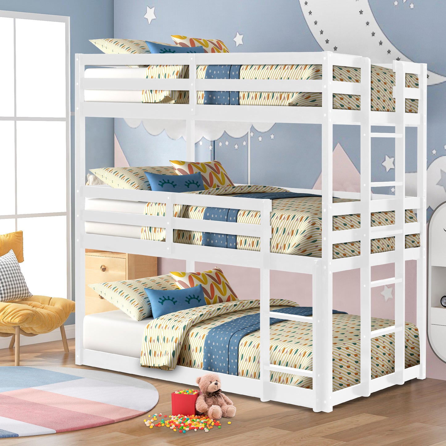 SYNGAR White Wood Triple Bunk Bed Frame for Kids, 3 Twin Bed Triple Floor Bunk Bed with Ladders, Adjustable Detachable Design 3 Bed Frame, No Box Spring Needed, Twin Over Twin Over Twin