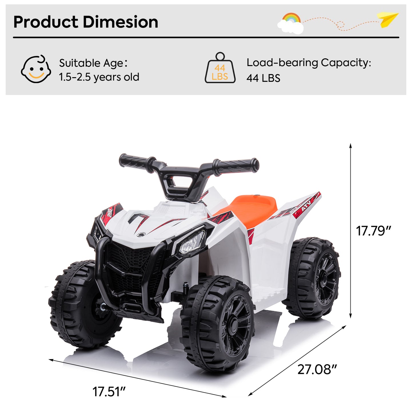 SYNGAR White Kids ATV, 6V Ride on Car with One-button Start and Rechargeable Battery, Electric Ride on Toy for 1.5-2.5 years Boy Girls