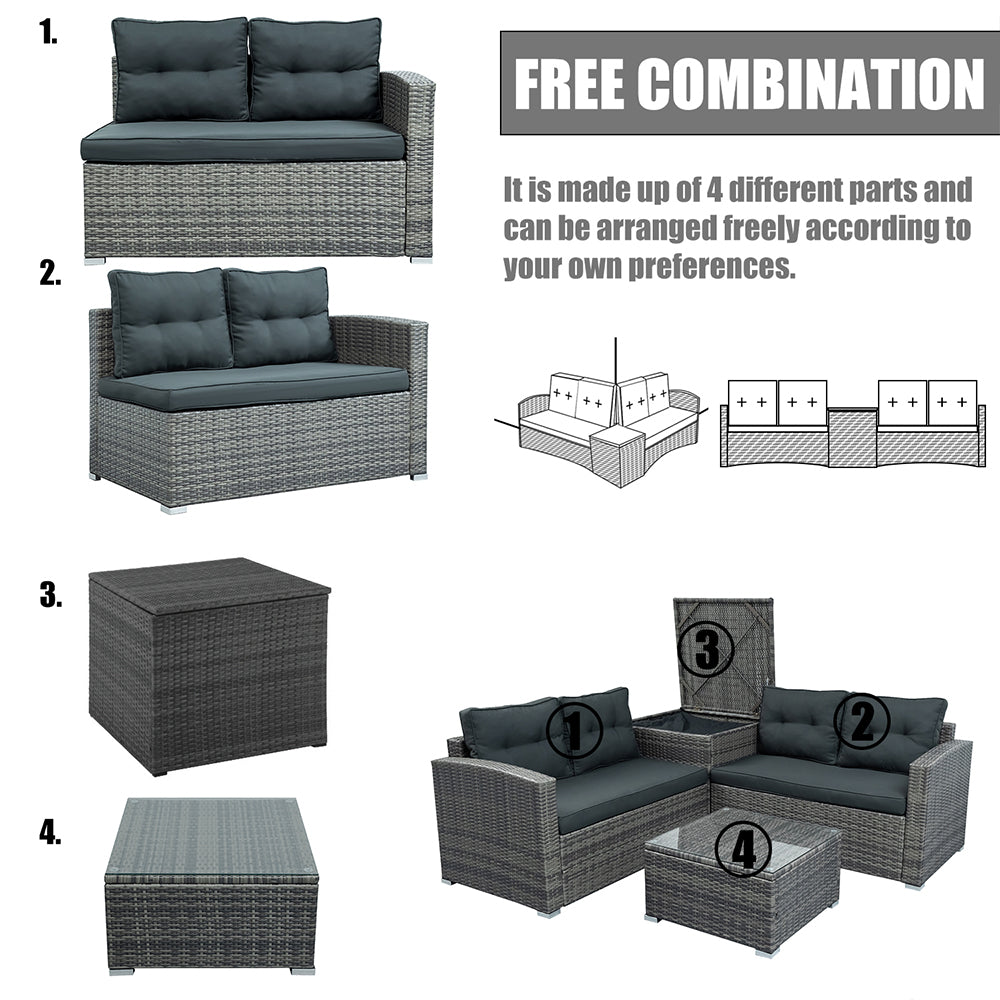 SYNGAR 4 Piece Wicker Patio Furniture Sets, Outdoor Sofa Set with Loveseat Sofa, Table and Storage Box, All Weather Rattan Sofa and Cushioned Seats for Garden, Lawn, Backyard, Front Porch, Gray