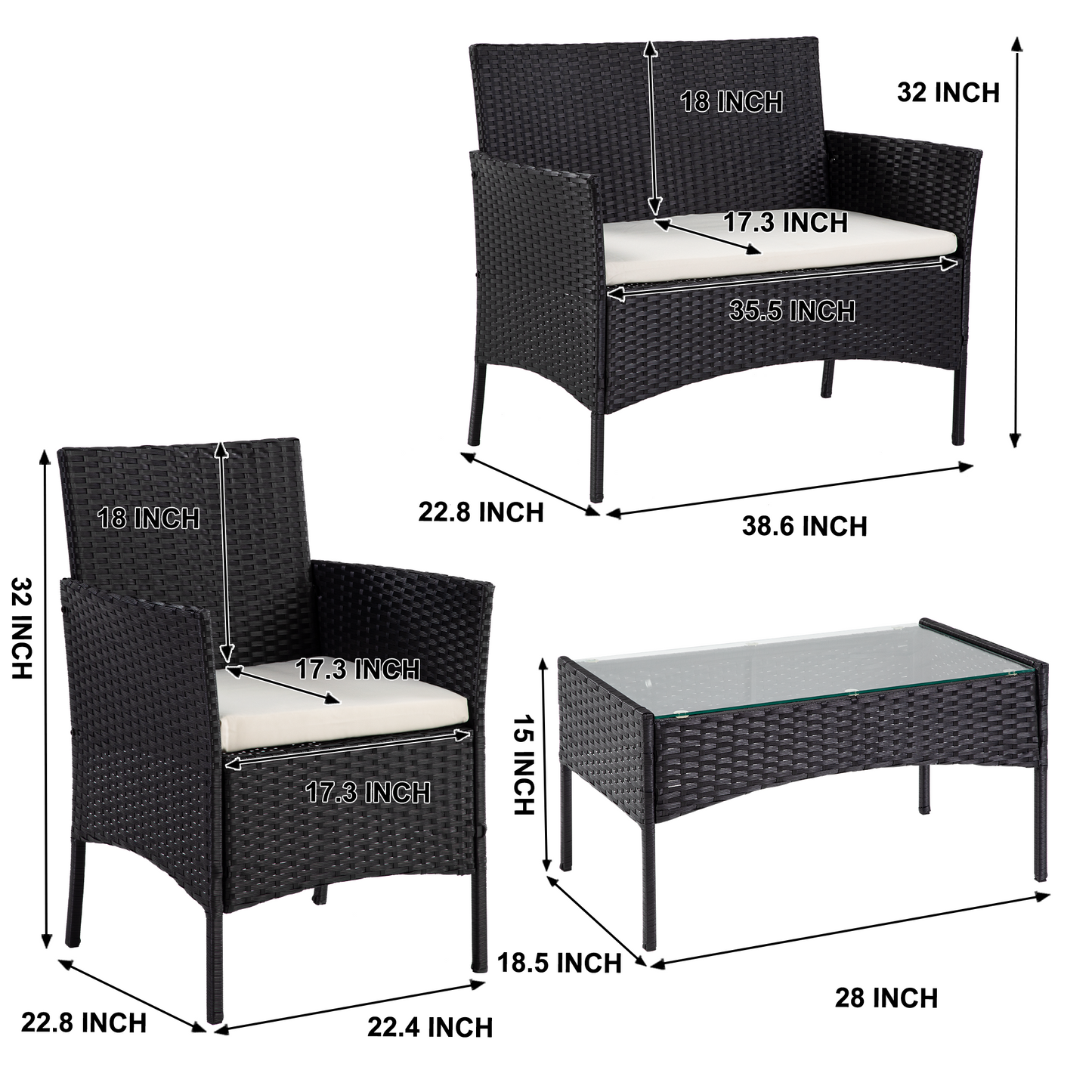 4-Piece All-Weather Wicker Patio Conversation Sets, Outdoor Furniture Sofa Couch Dining Set with Table, Chairs, Loveseat, Cushioned Seats for Garden, Lawn, Backyard, Front Porch, Brown