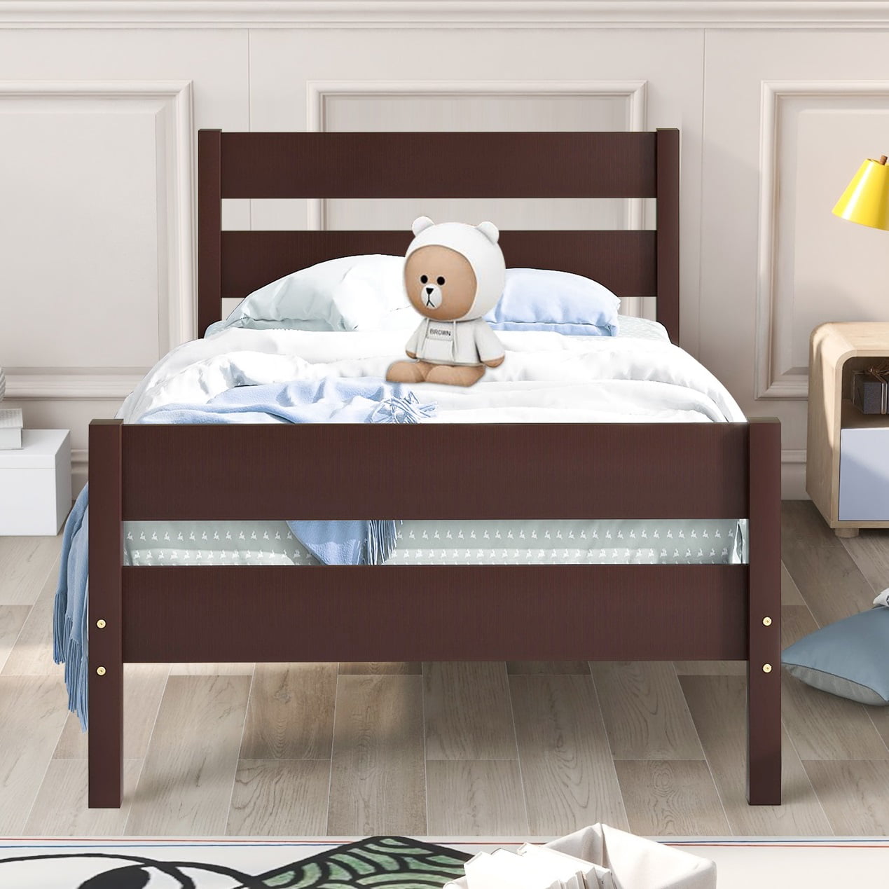 Wood Twin Platform Bed Frame with Headboard and Footboard for Kids Boys Girls Teens Adults, Espresso, LJ797